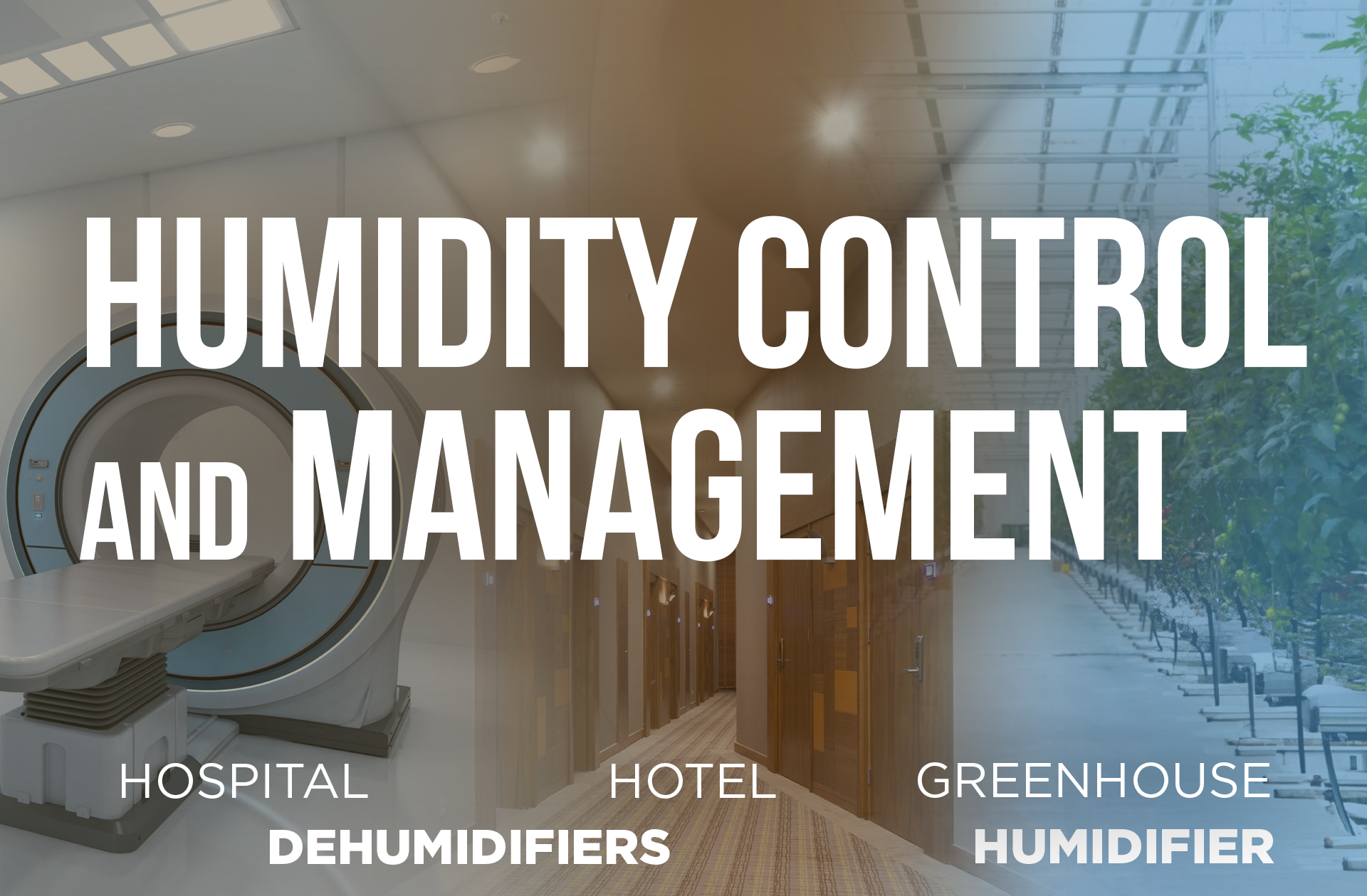 A hospital room with a large medical imaging scanner, a wooden hallway with classrooms, and a greenhouse with plants and benches, overlaid with text about humidity control and management.