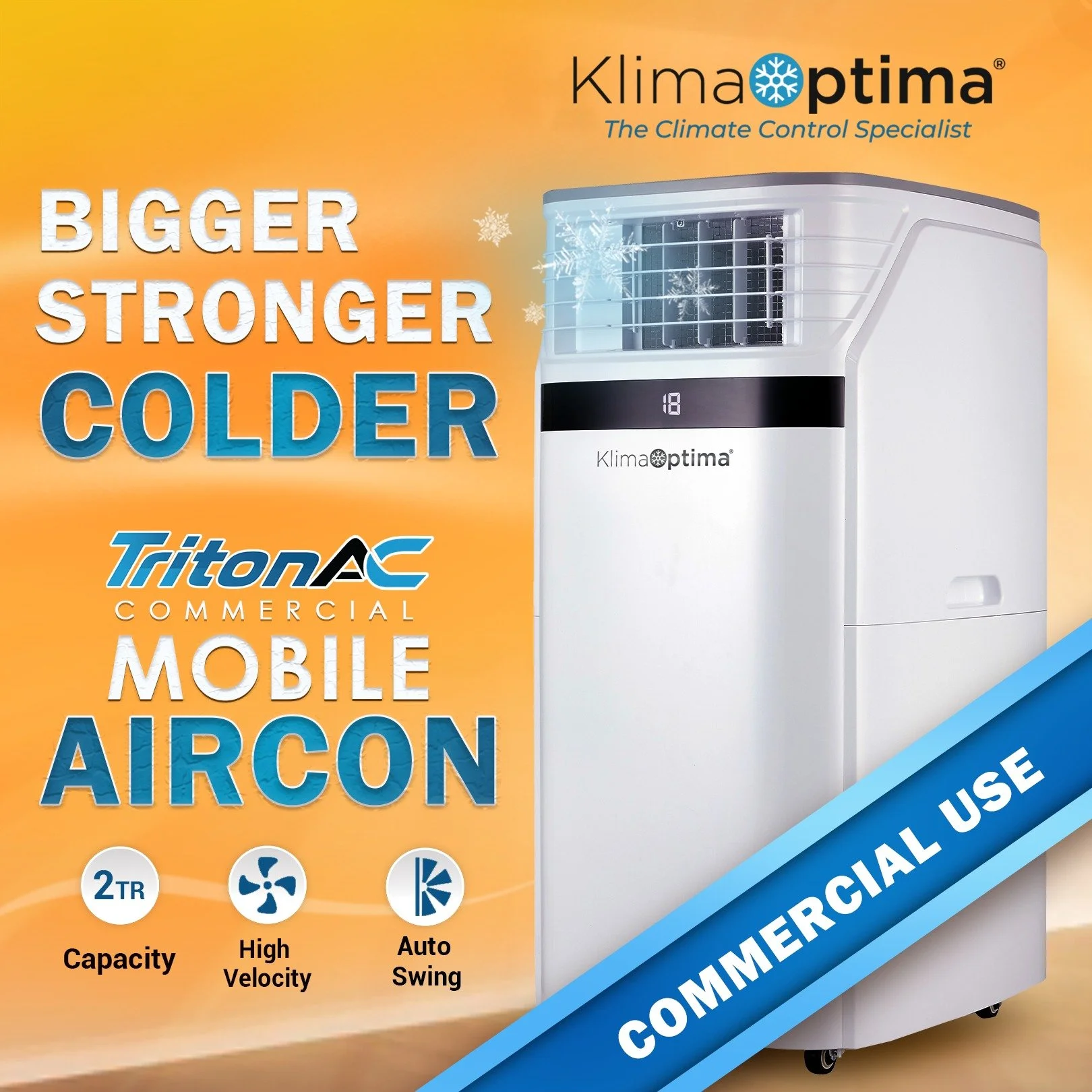 Packaging for Klimaopima Triton AC commercial portable air conditioner with 2-ton capacity, high velocity fan, and auto swing feature, featuring an image of the air conditioner and promotional text.