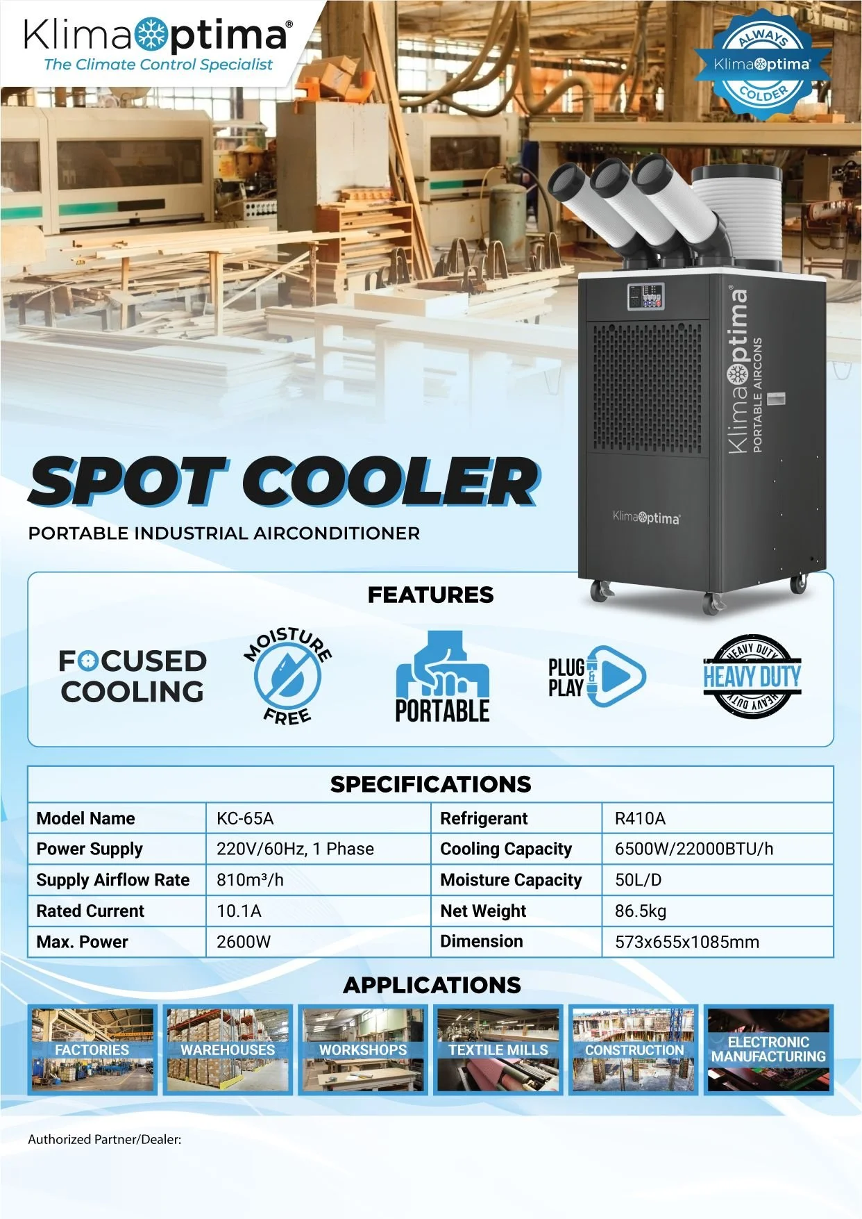 A flyer showcasing the KlimaOptima Spot Cooler, a portable industrial air conditioner, with specifications, features, and application areas such as factories, warehouses, workshops, textile mills, construction, and electronic manufacturing.
