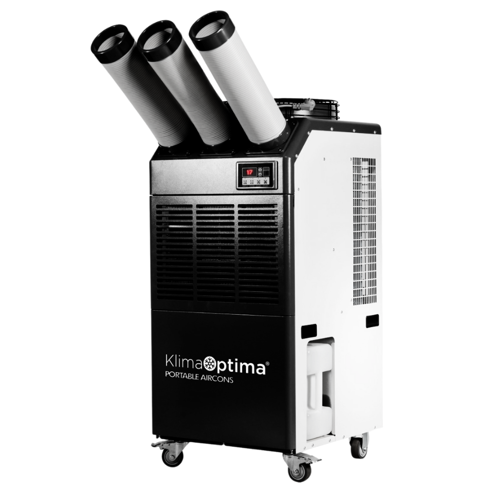 Portable air conditioning unit with three exhaust pipes on top and caster wheels.