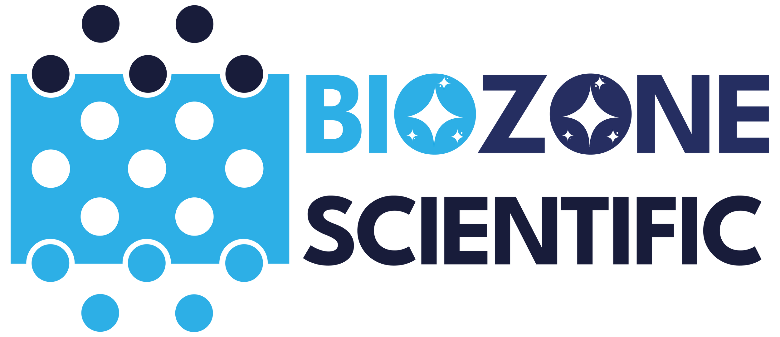 Logo for BioZone Scientific featuring a blue microscopic cell with white spots and surrounding black and blue dots, with the text 'BioZone Scientific' next to it.