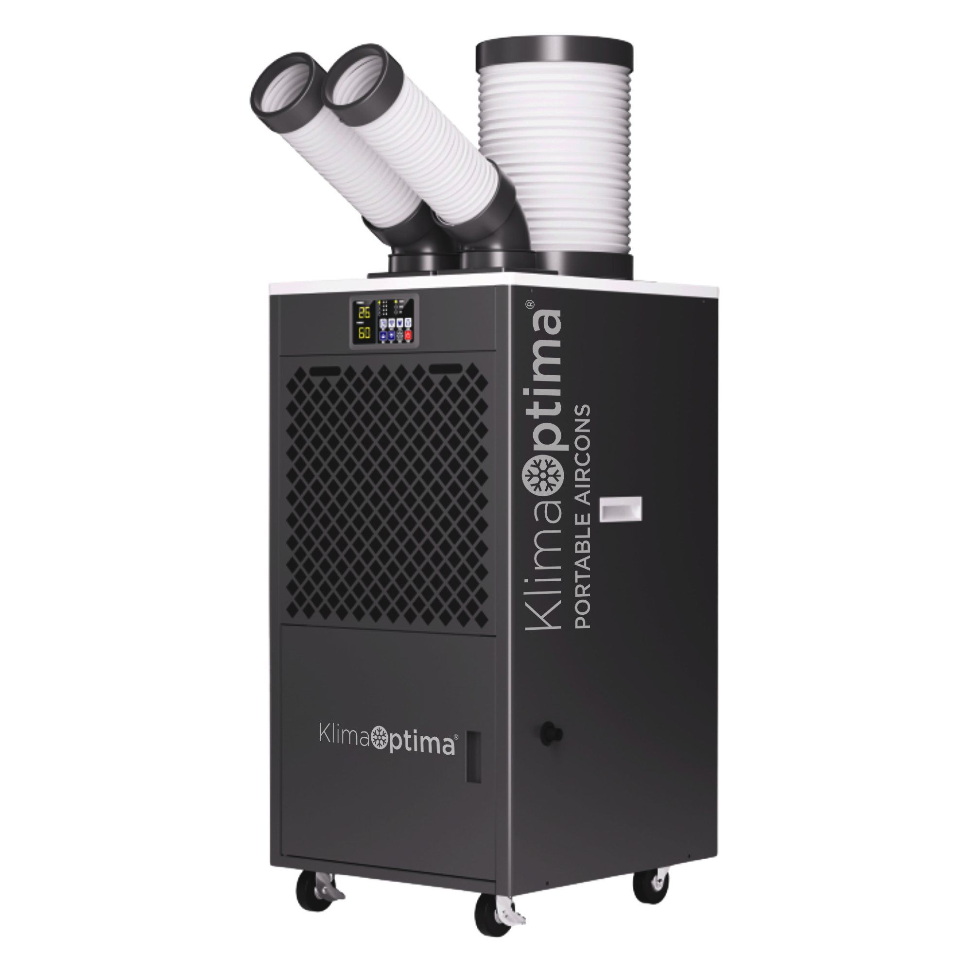 Portable air conditioning unit with flexible hoses attached, branded Kliimaoptima, black and silver, on wheels.