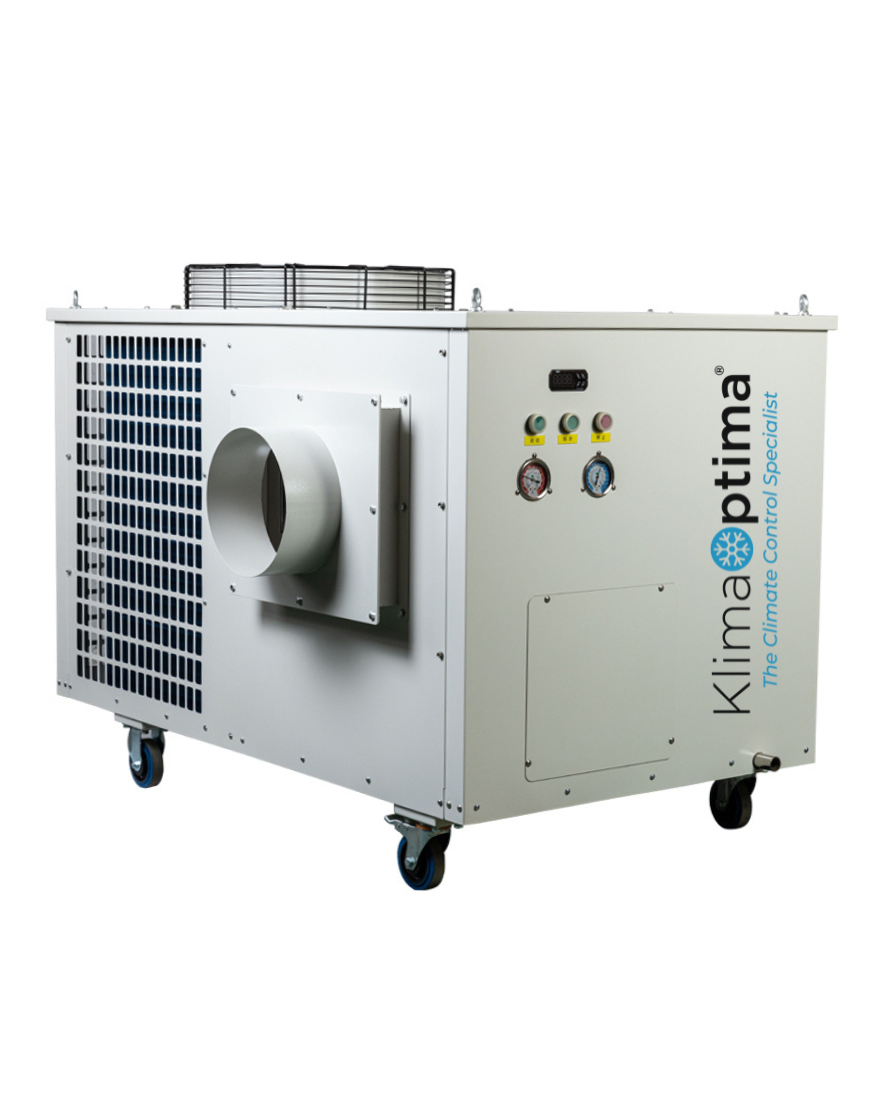 A white industrial climate control machine with the brand name 'Kliima optima' and the words 'The Climate Control Specialist' written on the side. It has multiple gauges and dials, vents, and is mounted on wheels.