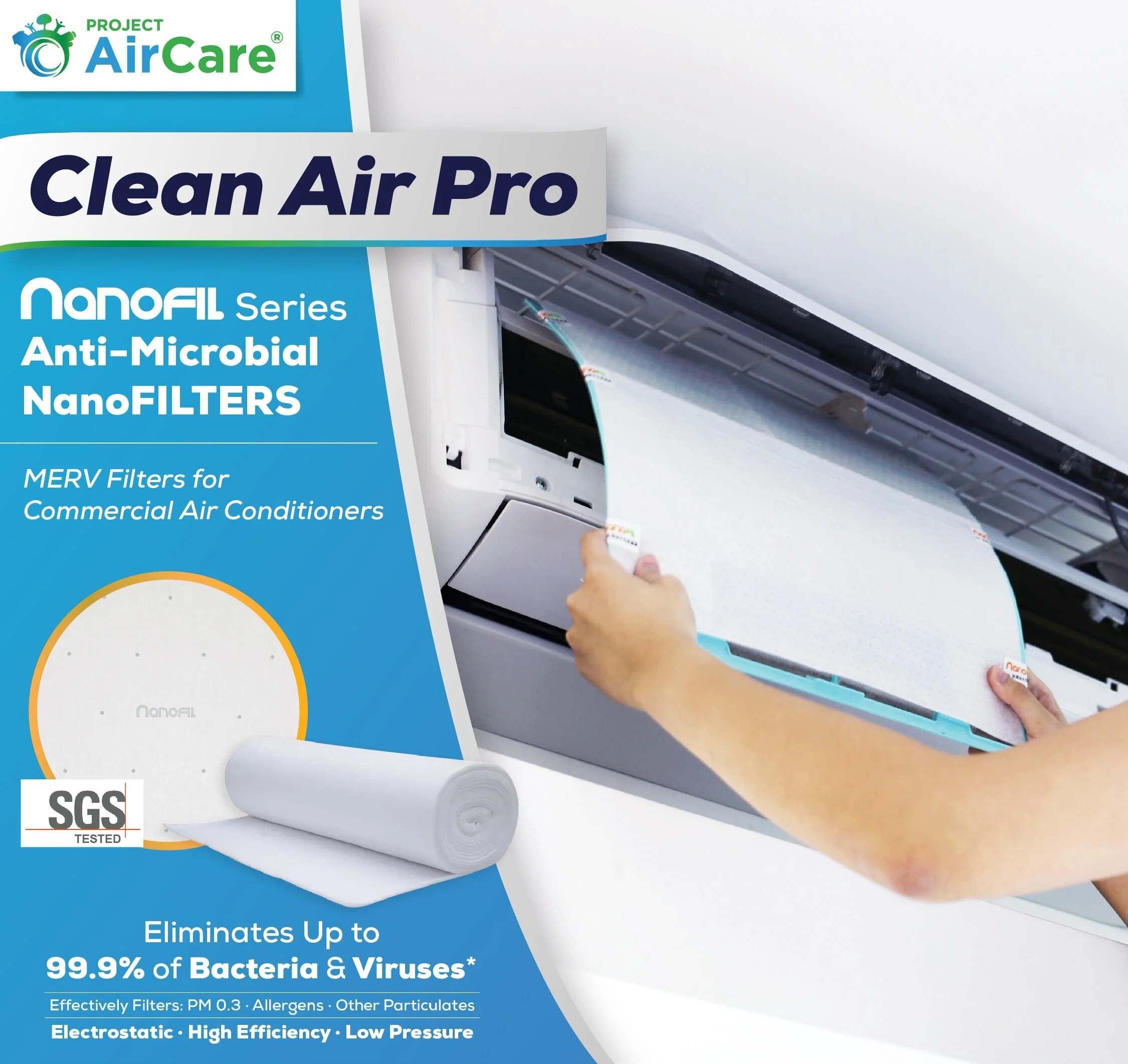Packaging for AirCare NanoFIL Series anti-microbial NanoFILTERS for commercial air conditioners, showing a person installing the filter in an air conditioning unit, with text highlighting their ability to eliminate up to 99.9% of bacteria and viruses.