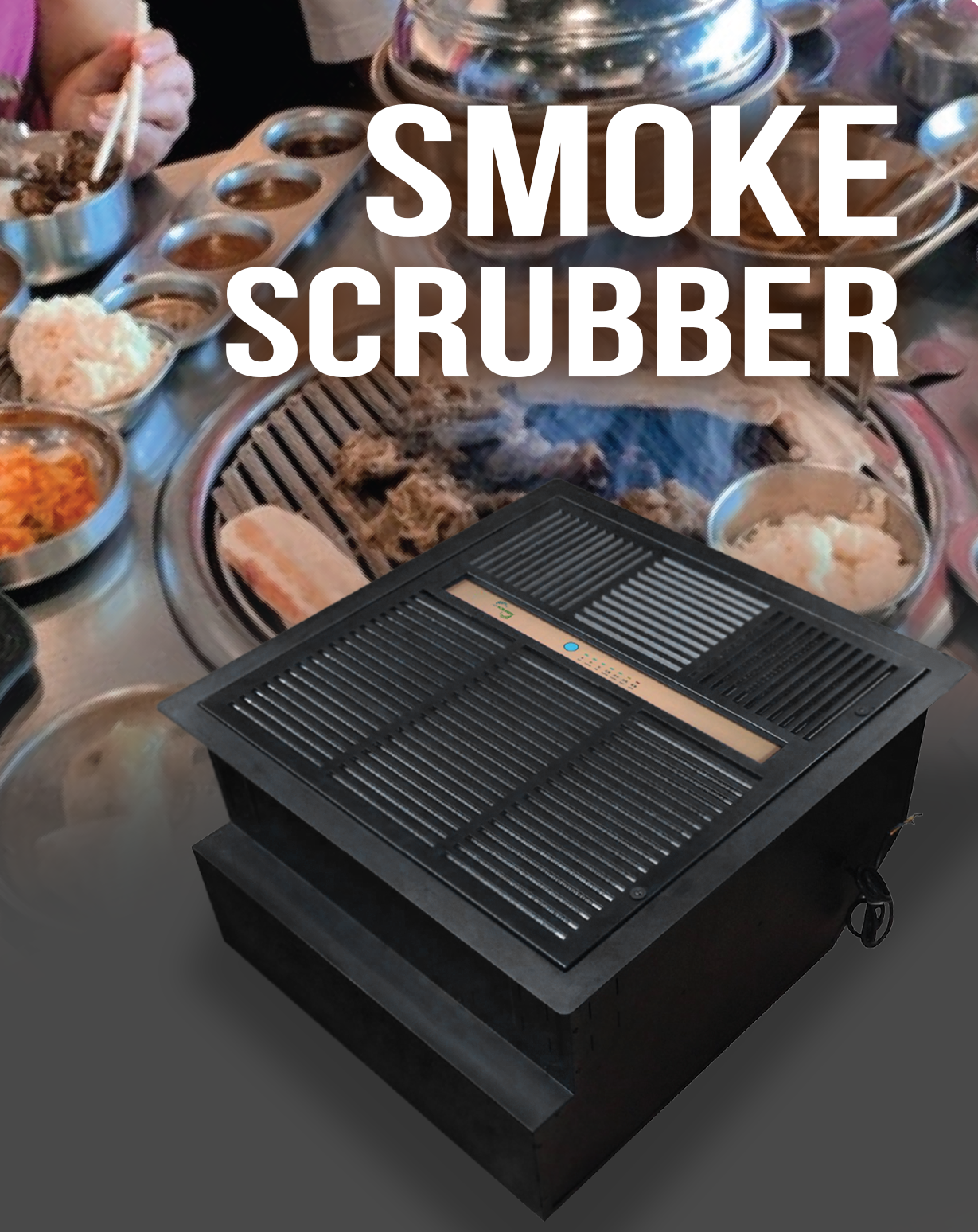 A smoke scrubber device on a table set for Korean barbecue, with a grill in the center and various side dishes around it.