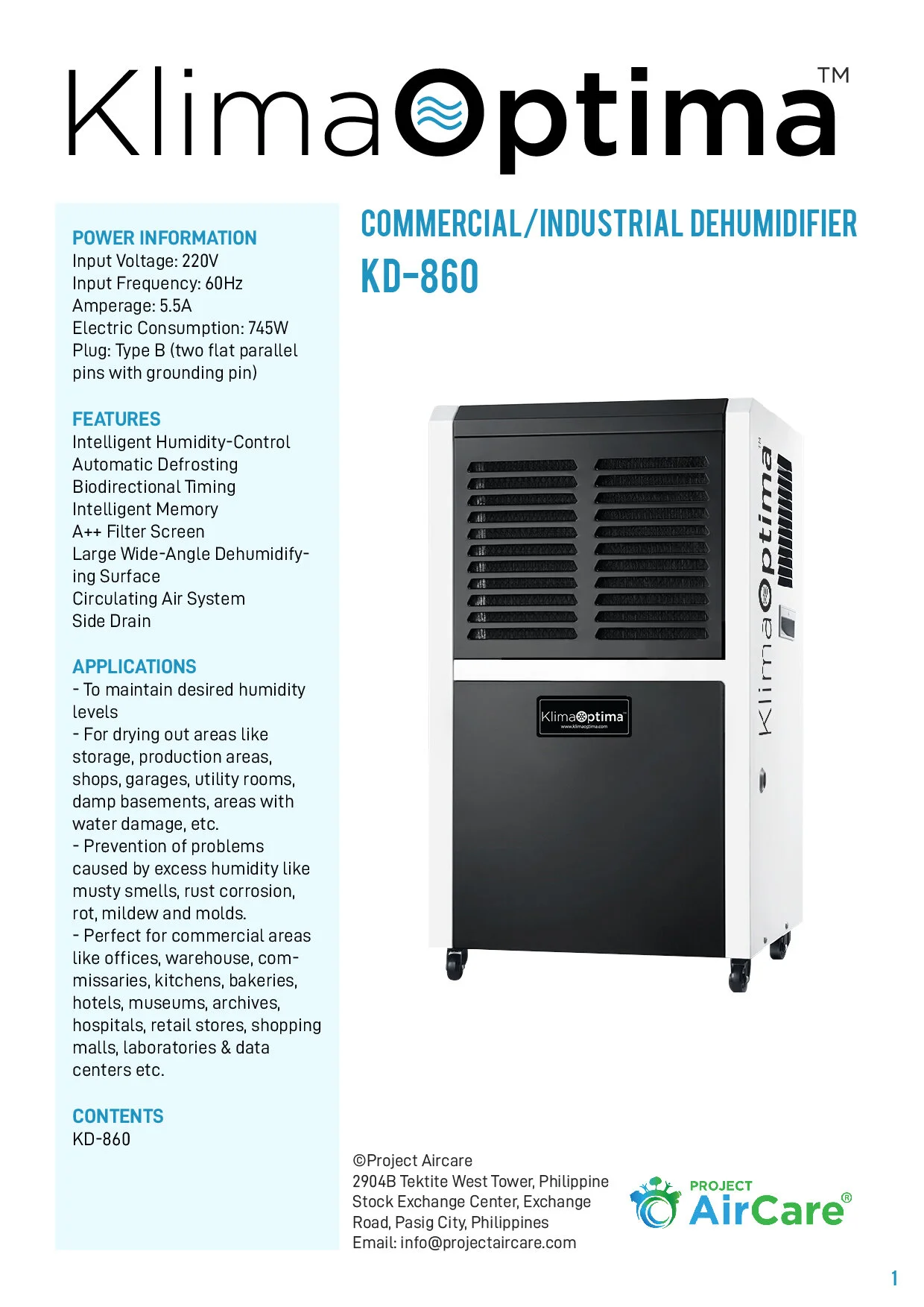 Product flyer for KlimaOptima KD-860 commercial industrial dehumidifier, showing the unit with vents and wheels, and listing features, power information, applications, and company contact details.
