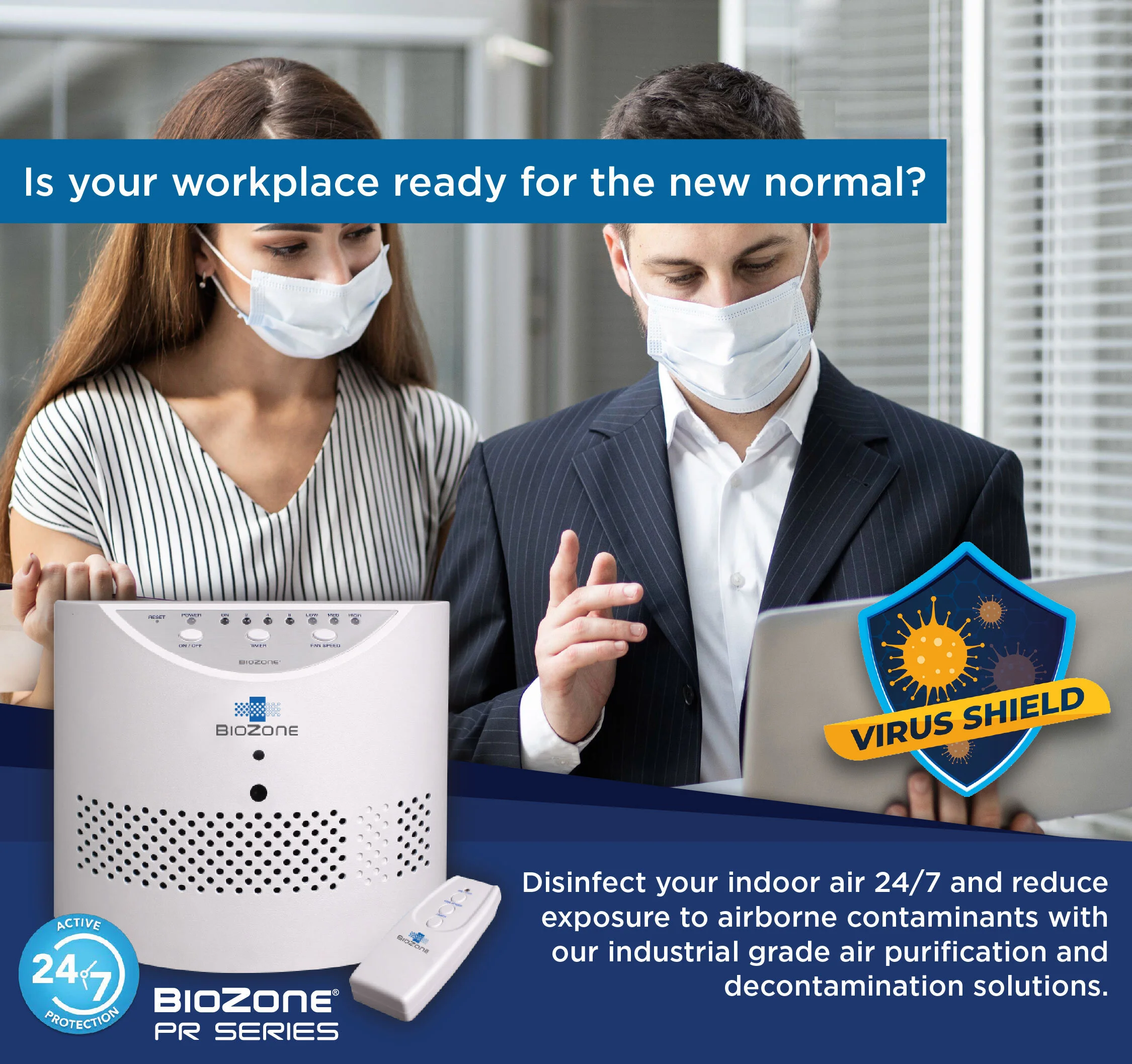 Two people in masks examining an air purifier labeled BIOZONE PR SERIES, with a remote control, in an office setting. The image promotes disinfecting indoor air with a virus shield emblem and the question, 'Is your workplace ready for the new normal?