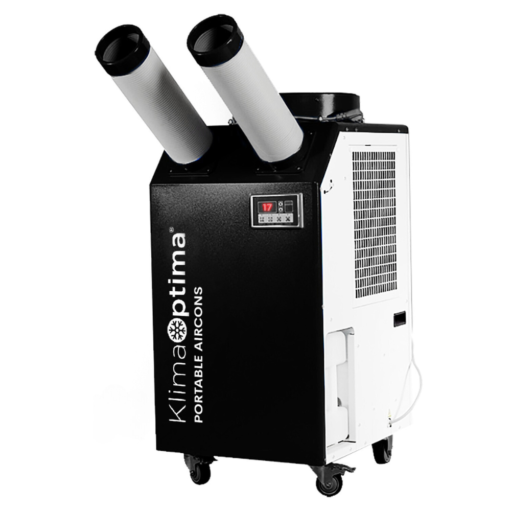 Portable air conditioning unit with dual exhaust hoses, labeled "Klima optima Portable Aircon" on the side, featuring a digital display and wheels for mobility.