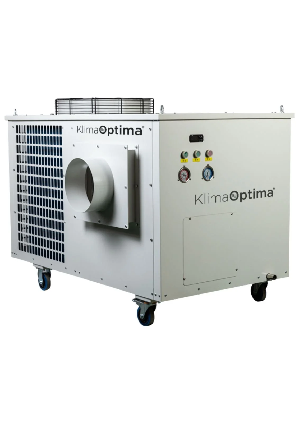 An industrial cooling or refrigeration unit with wheels, labeled 'Klima Optima,' featuring control gauges, buttons, and ventilation panels.