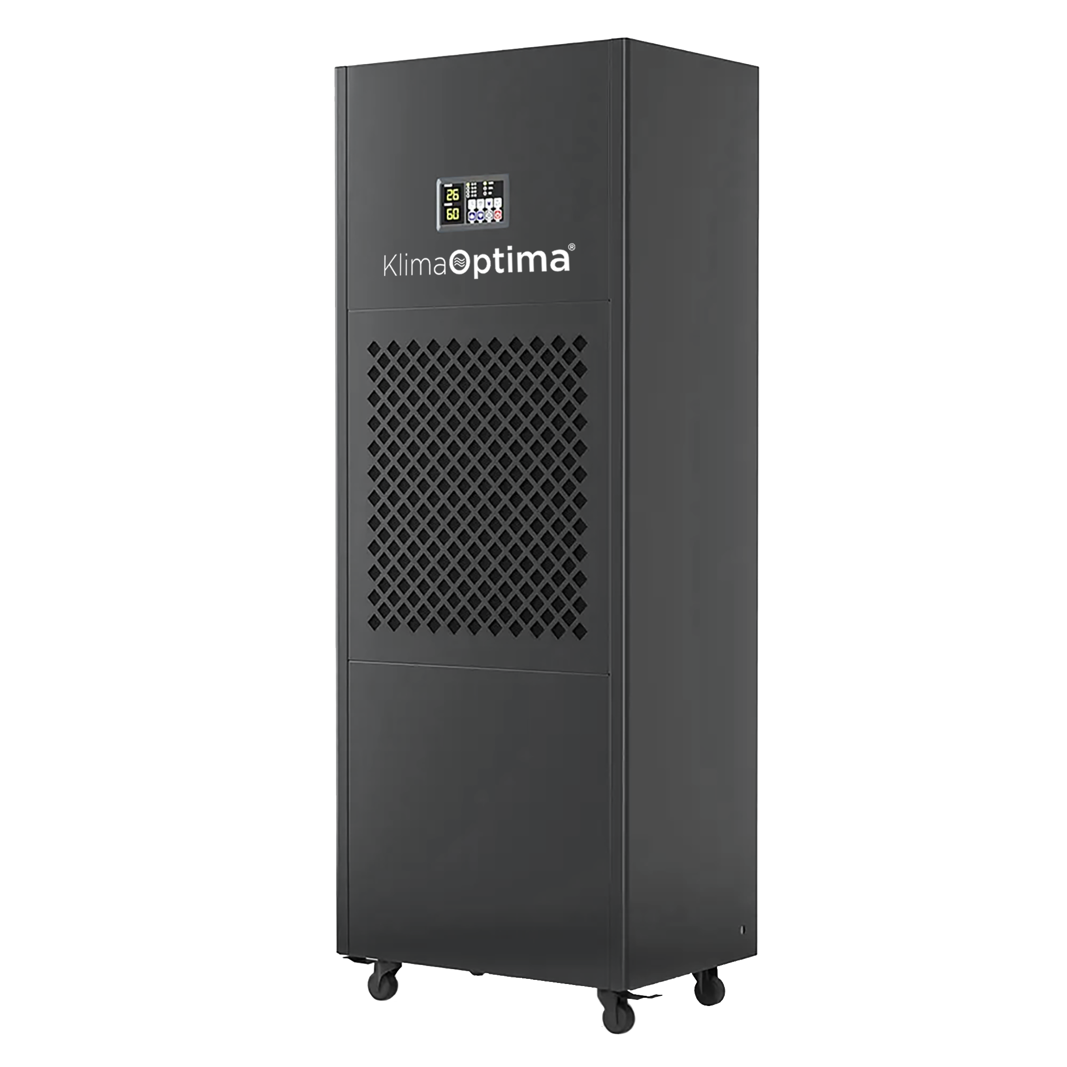 A black Klima Optima air conditioning or ventilation unit with digital display and vented panel, mounted on wheels, set against a gray and black background.