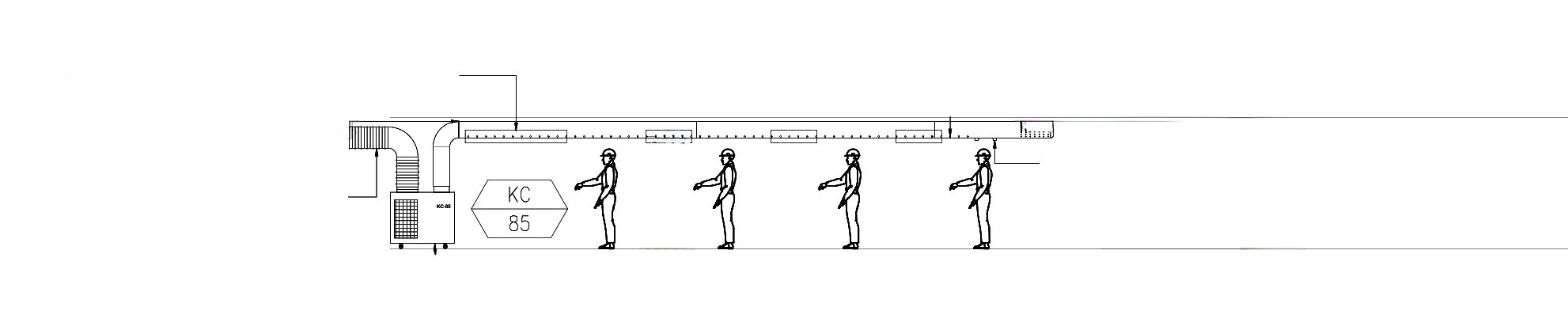 Line of five workers wearing helmets standing in a row under a long overhead fabric ducting system with holes for cooling in an industrial setting.