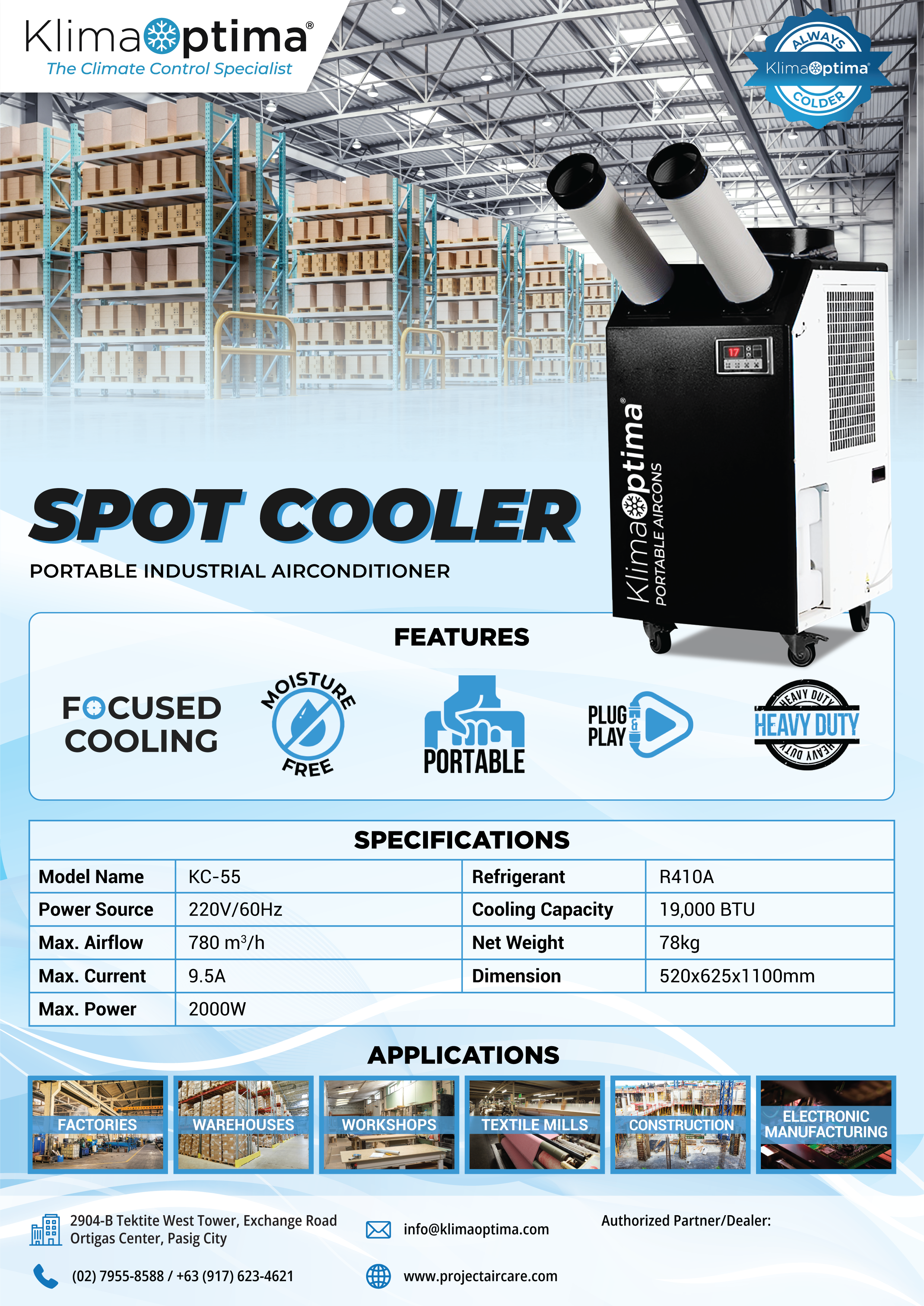 A flyer for Klima Optima's Spot Cooler, a portable industrial air conditioner with focused cooling, moisture-free operation, plug and play setup, and heavy-duty capacity. The flyer features technical specifications, applications in factories, warehouses, workshops, textile mills, construction, and electronic manufacturing, and contact information.