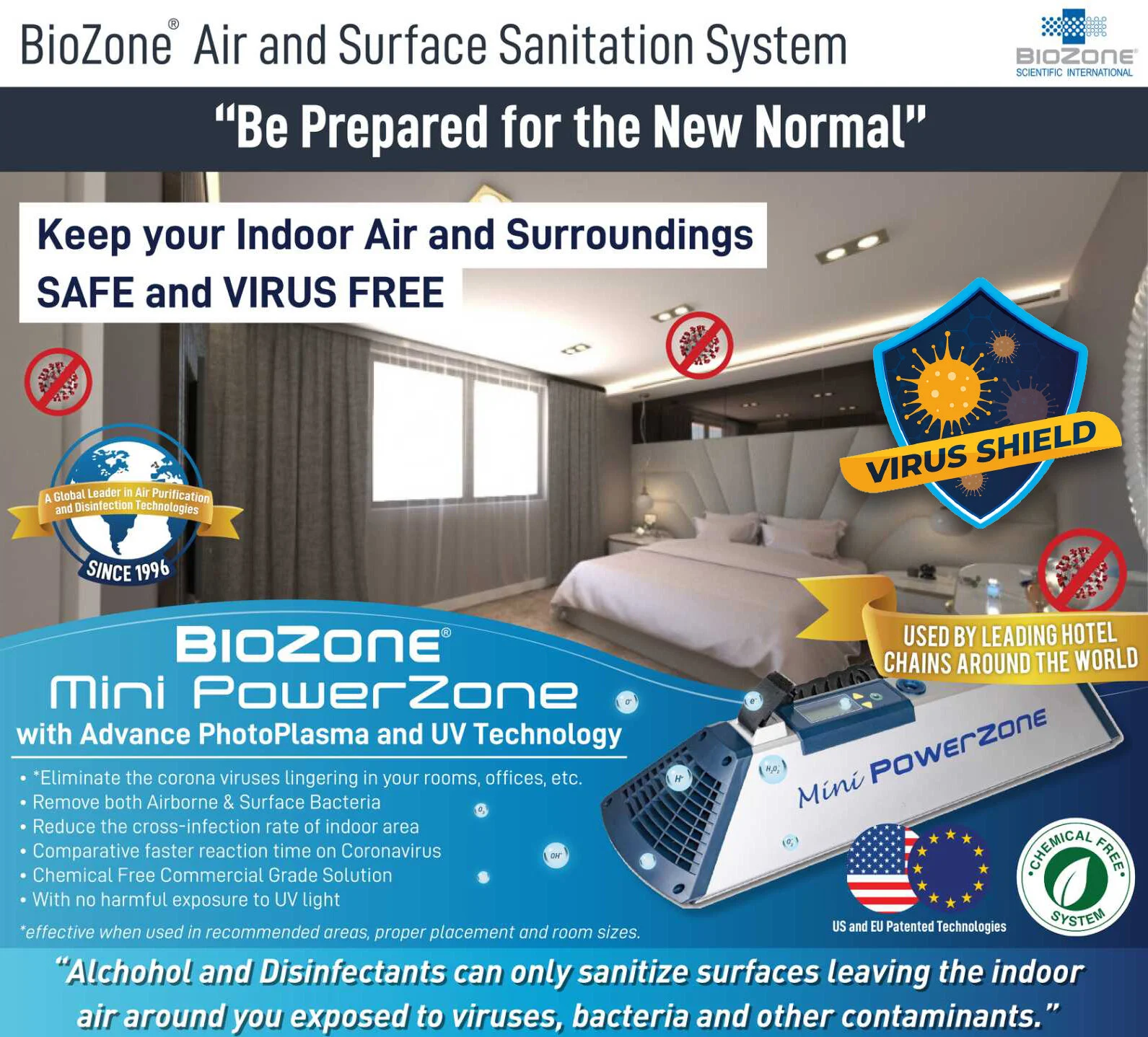 Advertisement for BioZone Air and Surface Sanitation System featuring a room with beds and windows, a BlueZone mini PowerZone device, virus shield icon, and icons promoting virus-free environment, emphasizing technology for eliminating viruses and ba