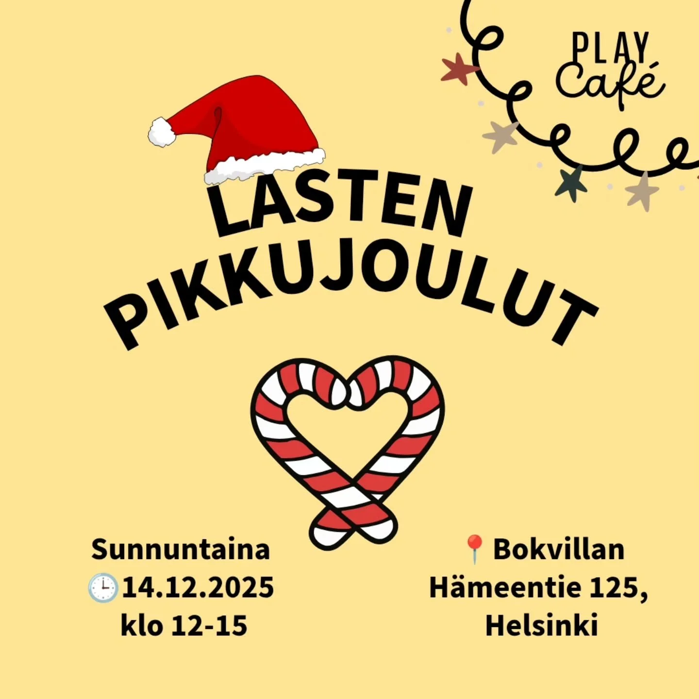 Pidet&auml;&auml;n yhdess&auml; ihanat lasten pikkujoulut!

🕒 Sunnuntaina 14.12.2025 klo 12-15
📍Bokvillan, H&auml;meentie 125, Helsinki

Ohjelmassa mm.
🎁 Lelunvaihtopiste
🧑🏻&zwj;🎄 Tonttujumppa
🎄 Joulukoristeiden koristelua
☕ Jouluisia herkkuja