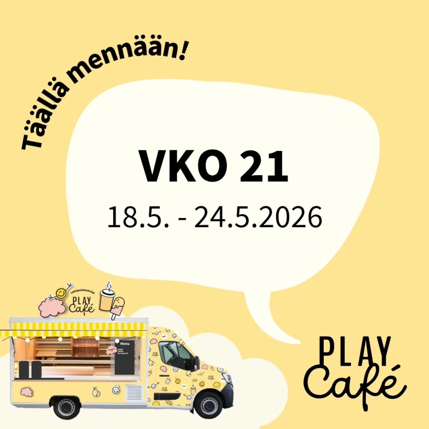 Play Caf&eacute;-leikkipuistokahvilat liikkeell&auml; 18.-24.5.2026 ☀️

T&auml;ll&auml; viikolla on ollut yksityistilaisuuksia ja nyt p&auml;&auml;st&auml;&auml;n palvelemaan kaikkia 😍

🌱 Lauantaina olemme jo perinteeksi muodontuneilla Marketanpuis