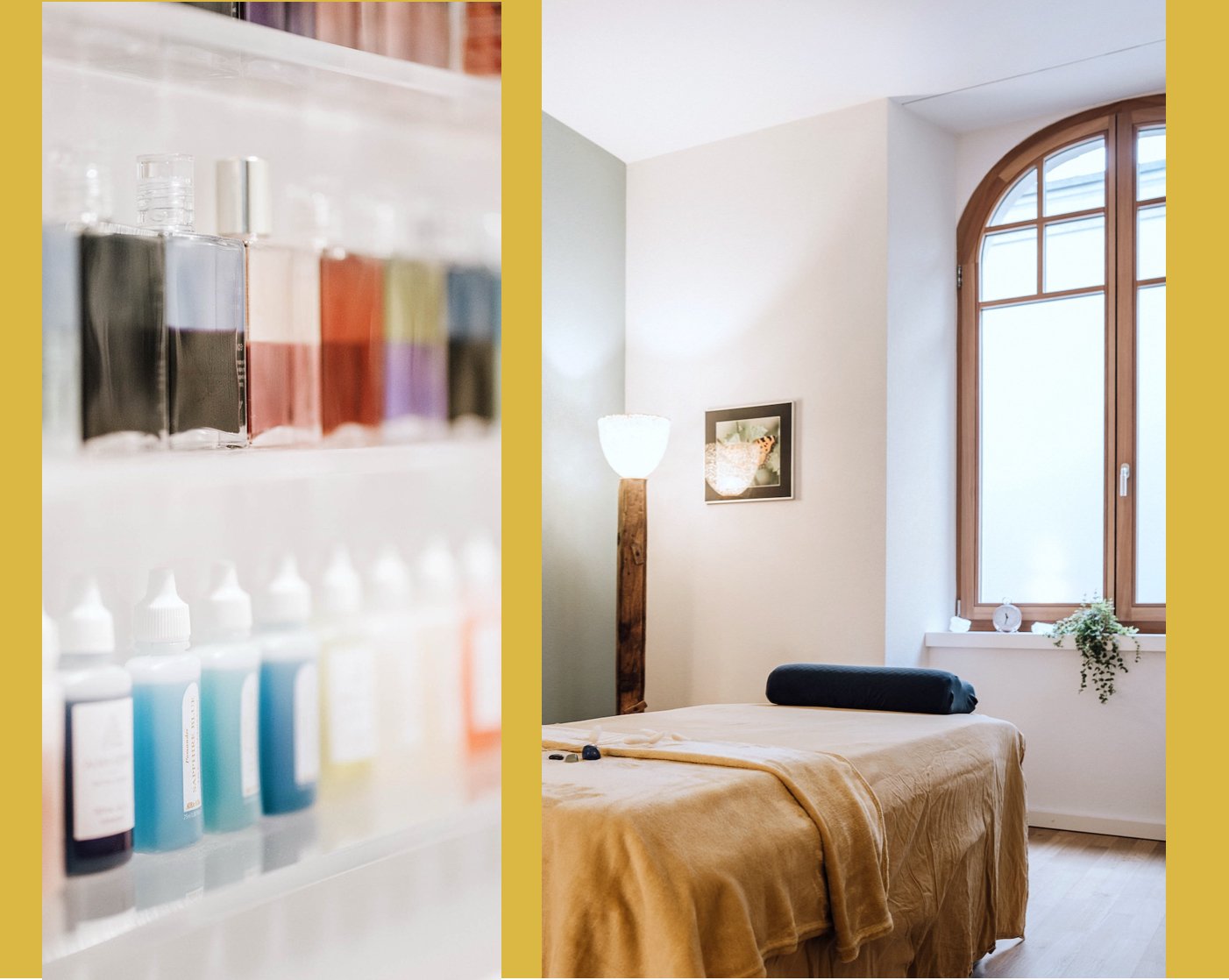 Ein Regal mit Aura-Soma-Flaschen in allen Farben, daneben ein Praxisraum mit einer Liege.