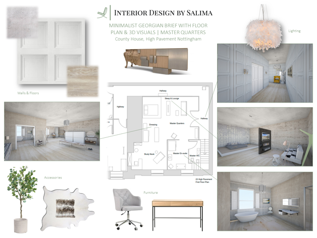 Interior Design by Salima - County House, High Pavement Nottingham First Floor Technical Floor Plan &amp; 3D Renders