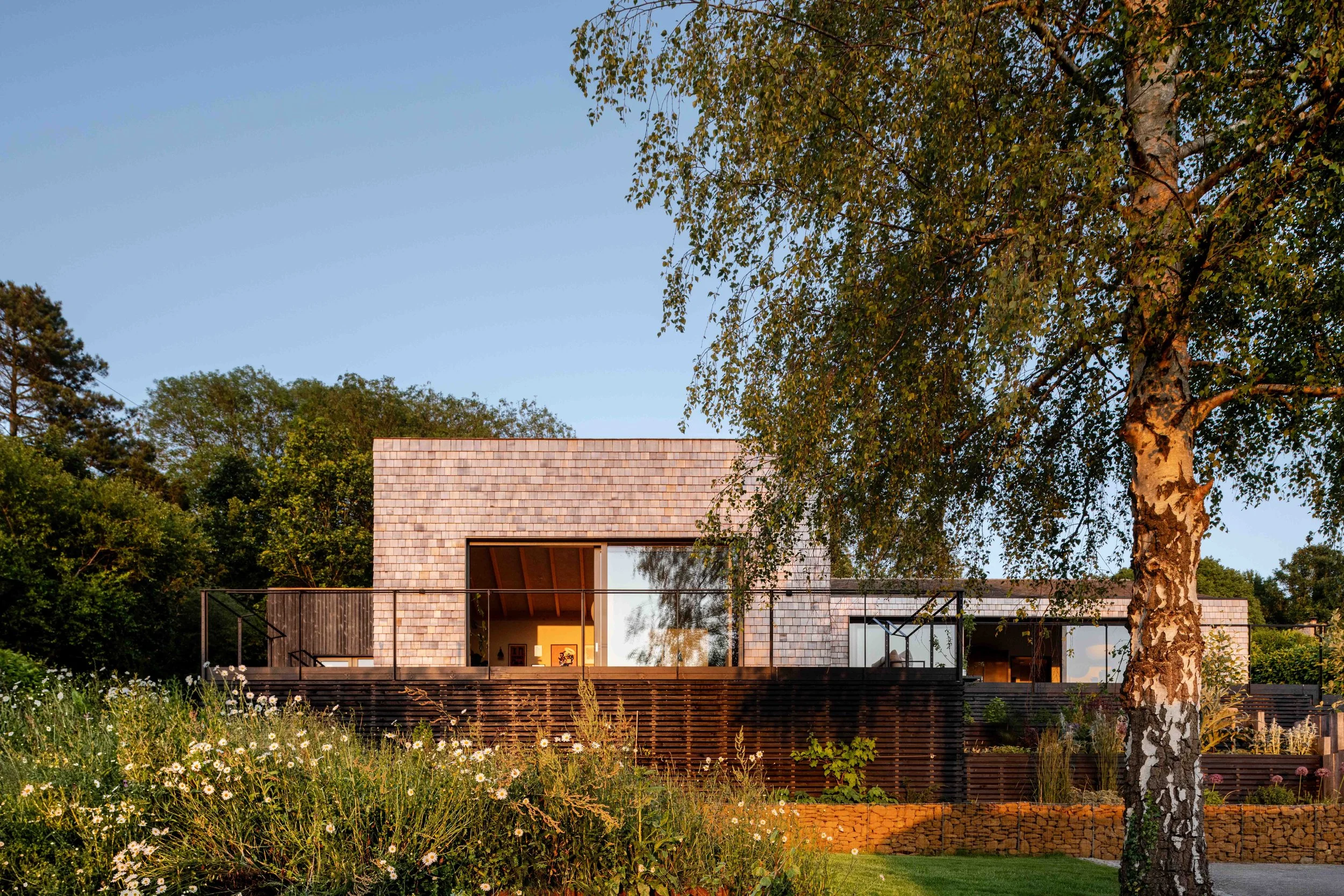 Forgeworks Architects — Modern house with shingle siding surrounded by trees and garden, clear sky