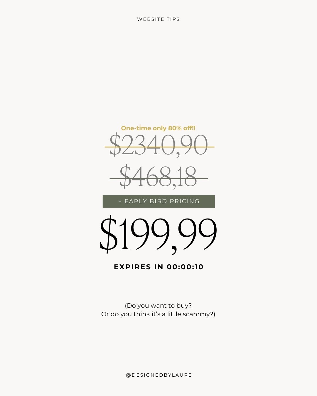 Over-the-top discounts don't work, in fact they hurt your brand 🤷&zwj;♀️

In one scenario, your customers will think it wasn't worth that price in the first place and you're conditioning them to never pay full price... OR they'll just question how h