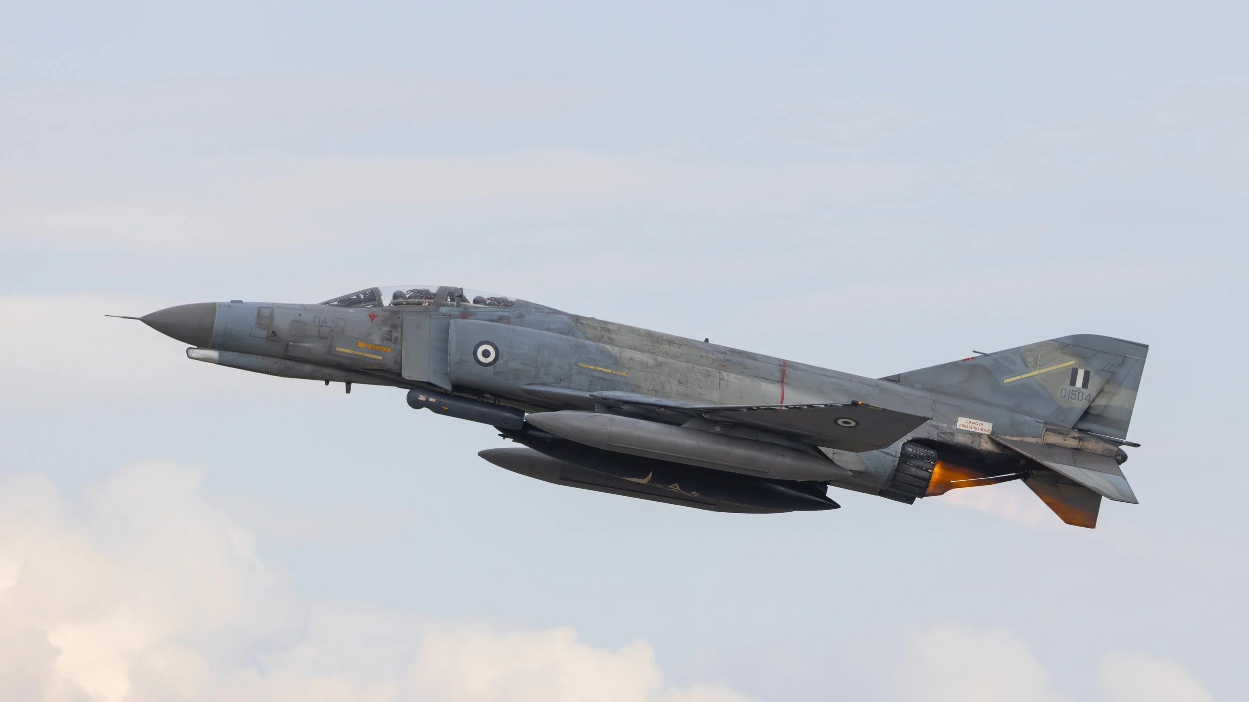 Hellenic Air Force F-4E AUP serial 01504 338 Mira Iniochos 2026 Spotters Day Andravida airbase taking off in full afterburner