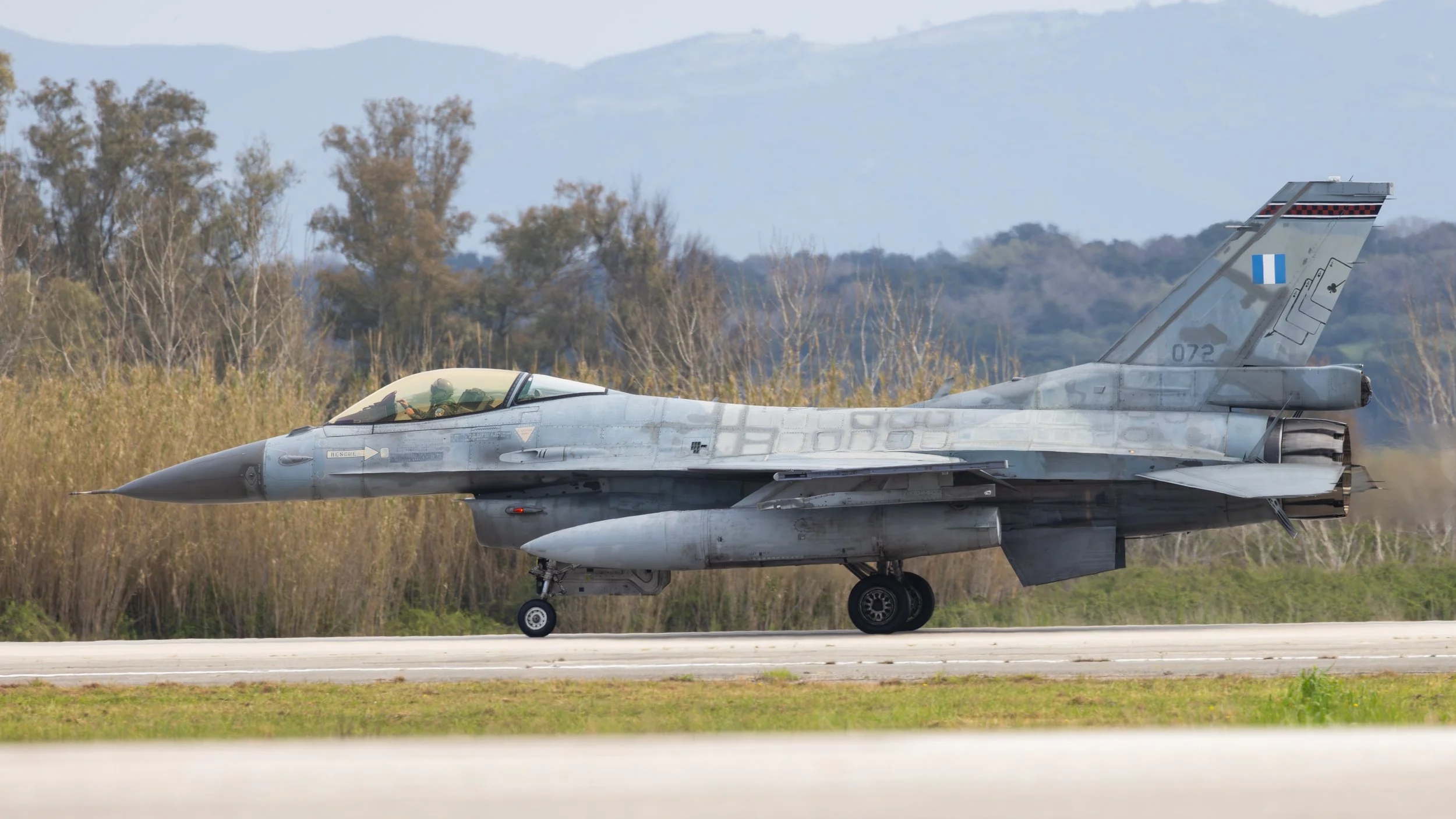 341 Mira F-16C serial 072 returns to Andravida following a morning sortie.