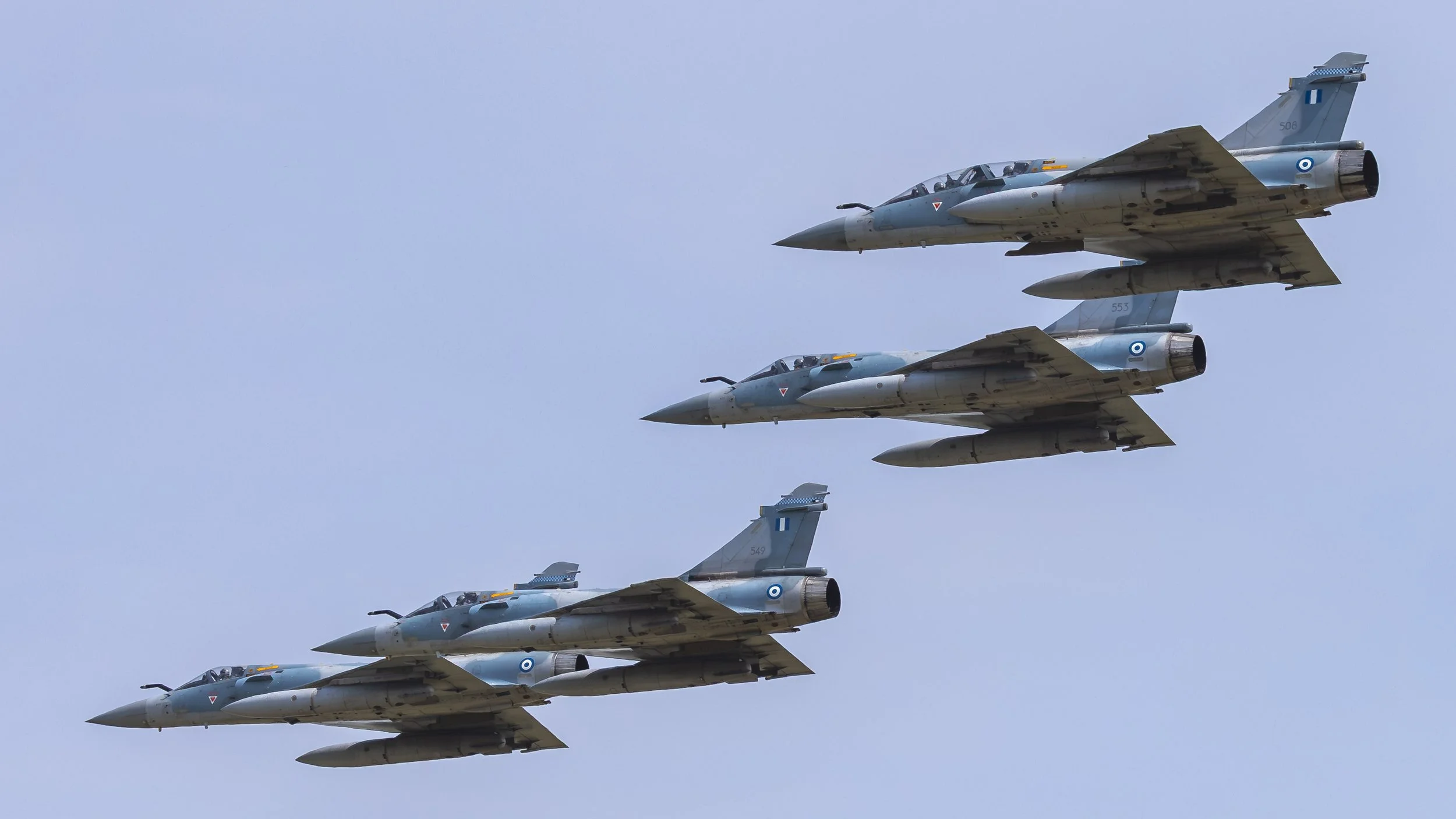 A quartet of Mirage 2000-5s from 331 Mira returns for the overhead break at Andravida.
