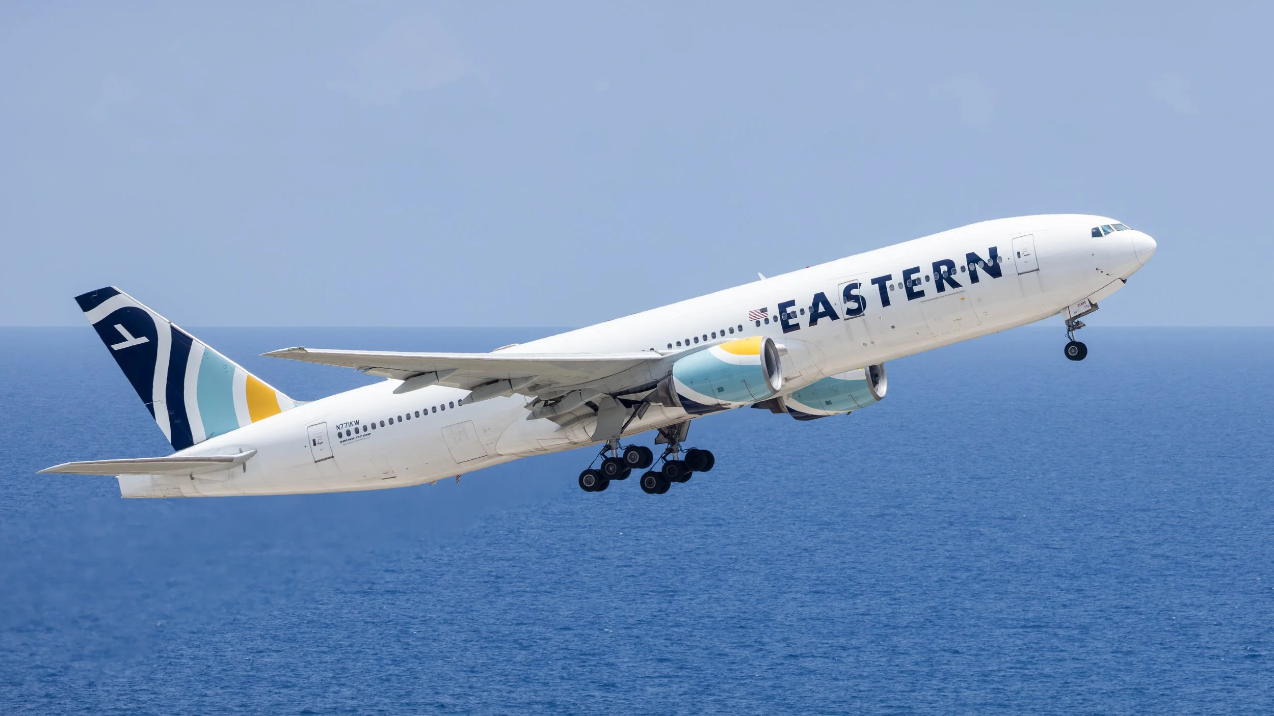 Eastern Airlines Boeing 777-212(ER) N771KW taking off from  Curacao TNCC