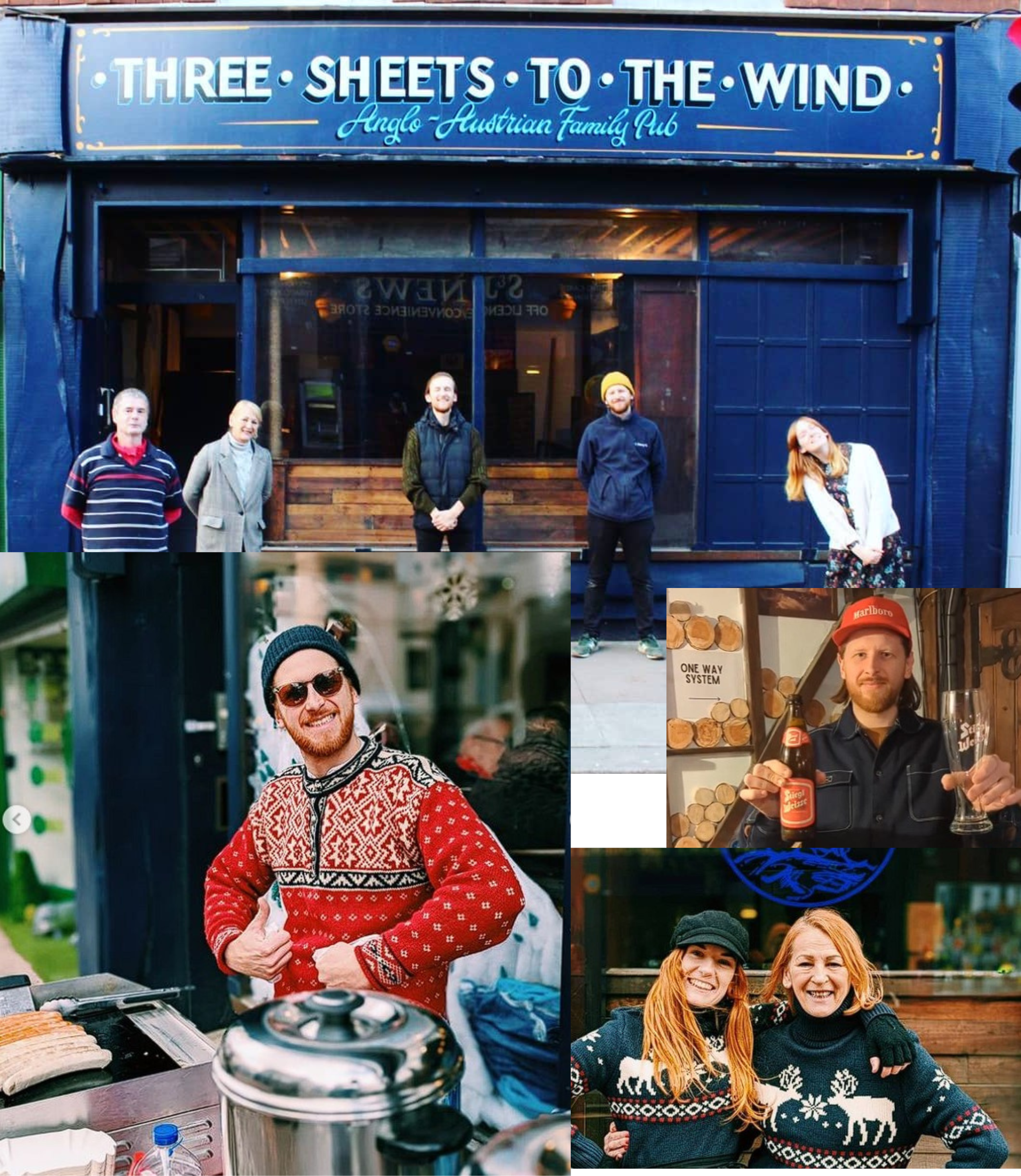 A group of six people outdoors in front of a blue building with a sign that reads 'Three Sheets to the Wind' and 'Anglo-Austrian Family Pub'. The people are smiling and dressed in casual and festive winter clothing, including sweaters, jackets, and a bright yellow beanie. They are standing and posing for a photo during a social gathering or celebration.
