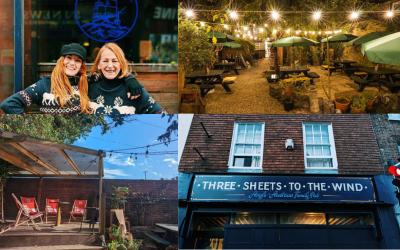 Collage of four images: two women smiling at a table outside, an outdoor patio with hanging string lights, a backyard with a patio and string lights, and a storefront with a blue awning that reads 'Three Sheets To The Wind'.