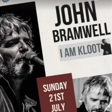 Poster of musician John Bramwell promoting his concert on Sunday, July 21st, with a black and white photo of him singing into a microphone.