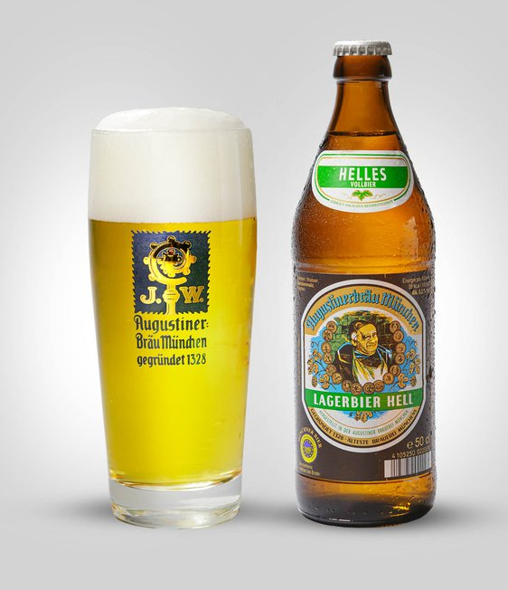 A glass of light yellow beer with foam and a bottle of Hell Lagerbier Hell beer, both from the Augustiner brewery.