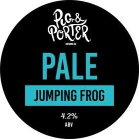 Label for Pic & Porter Pale Jumping Frog beer, 4.2% ABV, black background with white and blue text.