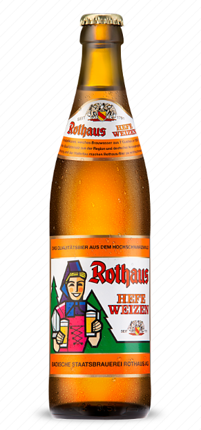 A bottle of Rothaus Hefe Weizen beer with a label featuring a cartoon woman in traditional German attire holding beer mugs.