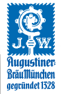 Blue emblem with a teddy bear holding a large beer mug, phrases 'Augustiner Bräu München' and 'gegruendet 1328' indicating a Munich brewery established in 1328.