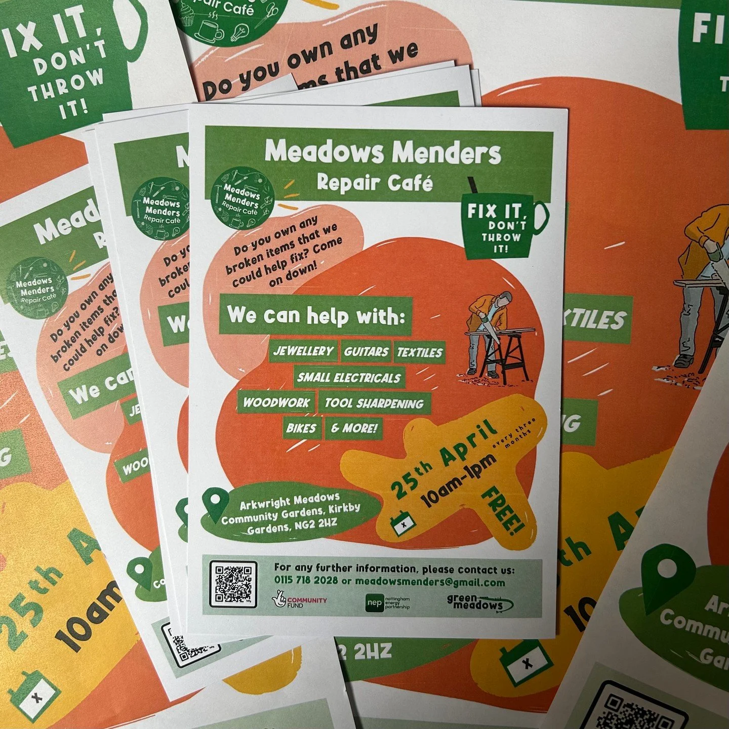 One of our amazing volunteers has created this brilliant poster for the upcoming Meadows Menders Repair Caf&eacute; - you might have already spotted it around the Meadows! 👀🔨

Join us for a friendly, free community event all about fixing and giving