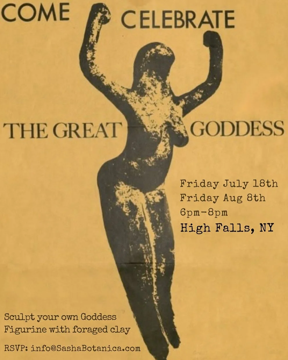 ✨ DATE CHANGE! ✨
The August Sculpting the Sacred gathering has moved to Friday, August 8th. July date is still the same - looking forward to those joining THIS FRIDAY 7/18!

Sculpt your own goddess figurine with clay from the land, or just cover your