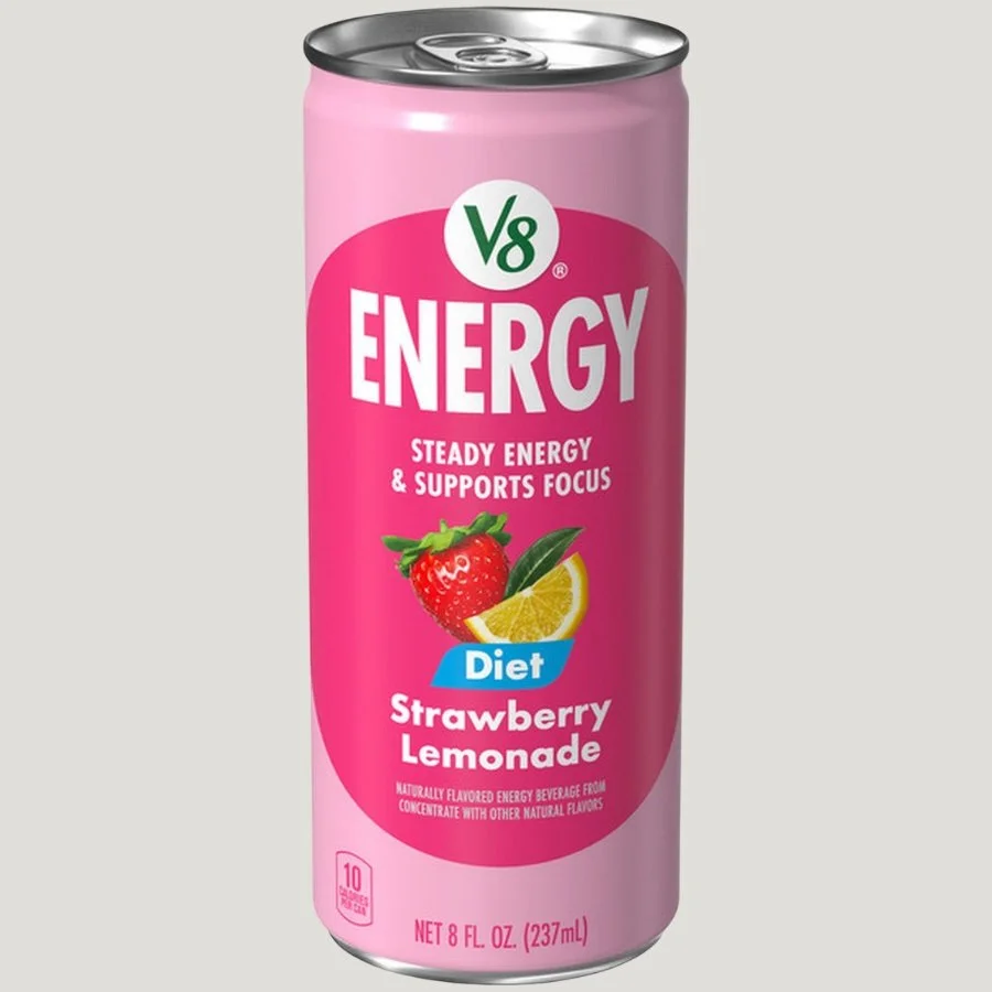 A strawberry lemonade-flavored V8 energy can