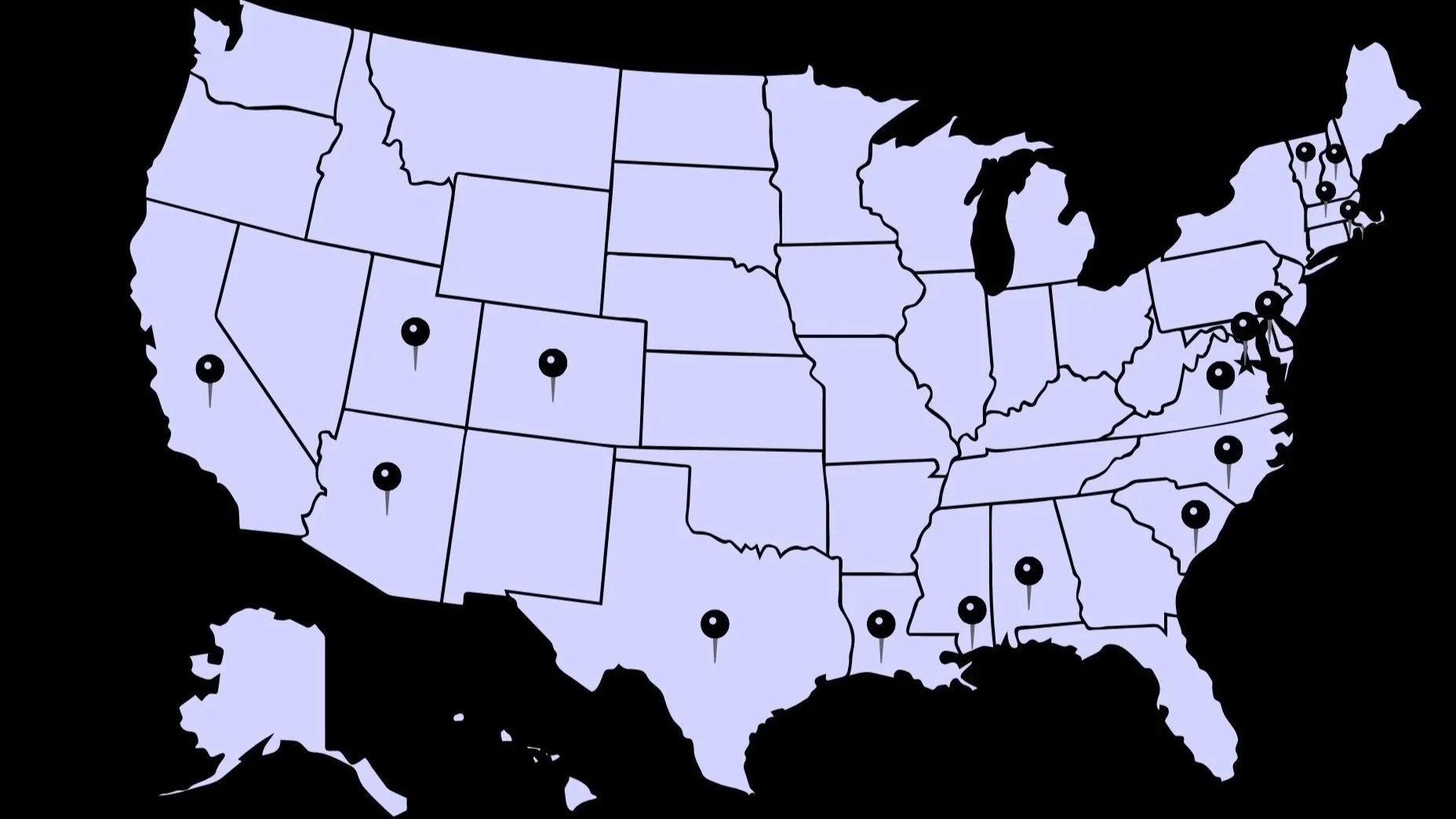 Purple map of the United States with scattered black pins