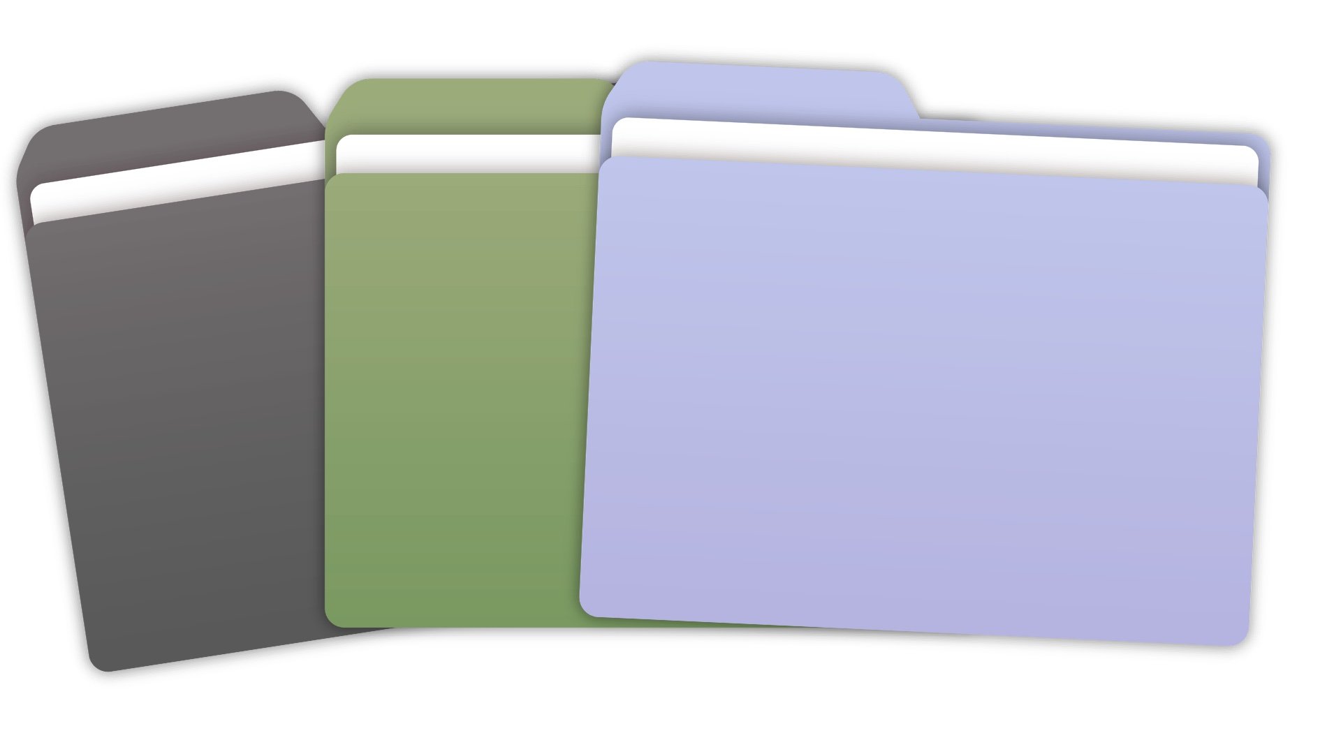 Group of three illustrated files in gray, green and purple