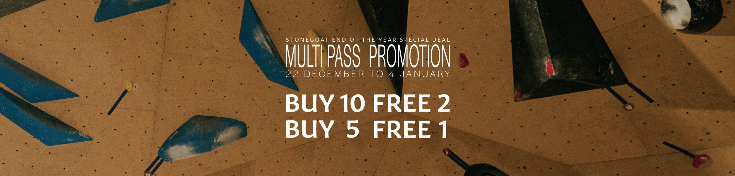 STONEGOAT END OF THE YEAR SPECIAL DEAL. MULTI PASS PROMOTION. 22 DECEMBER TO 4 JANUARY. BUY 10 FREE 2. BUY 5 FREE 1.