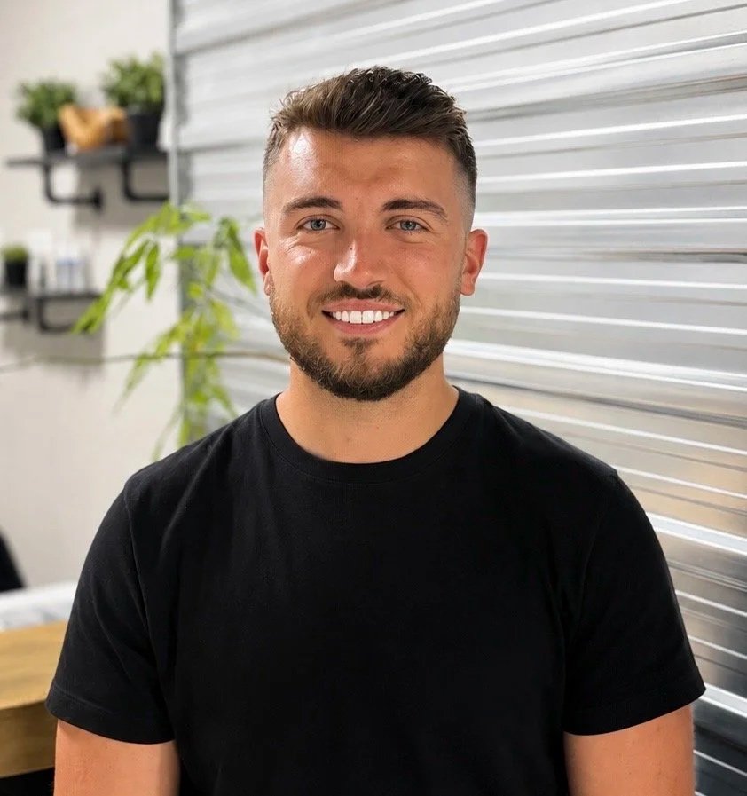 A young man with short brown hair and a beard, smiling and wearing a black t-shirt, standing indoors in front of a metal wall with a plant in the background.