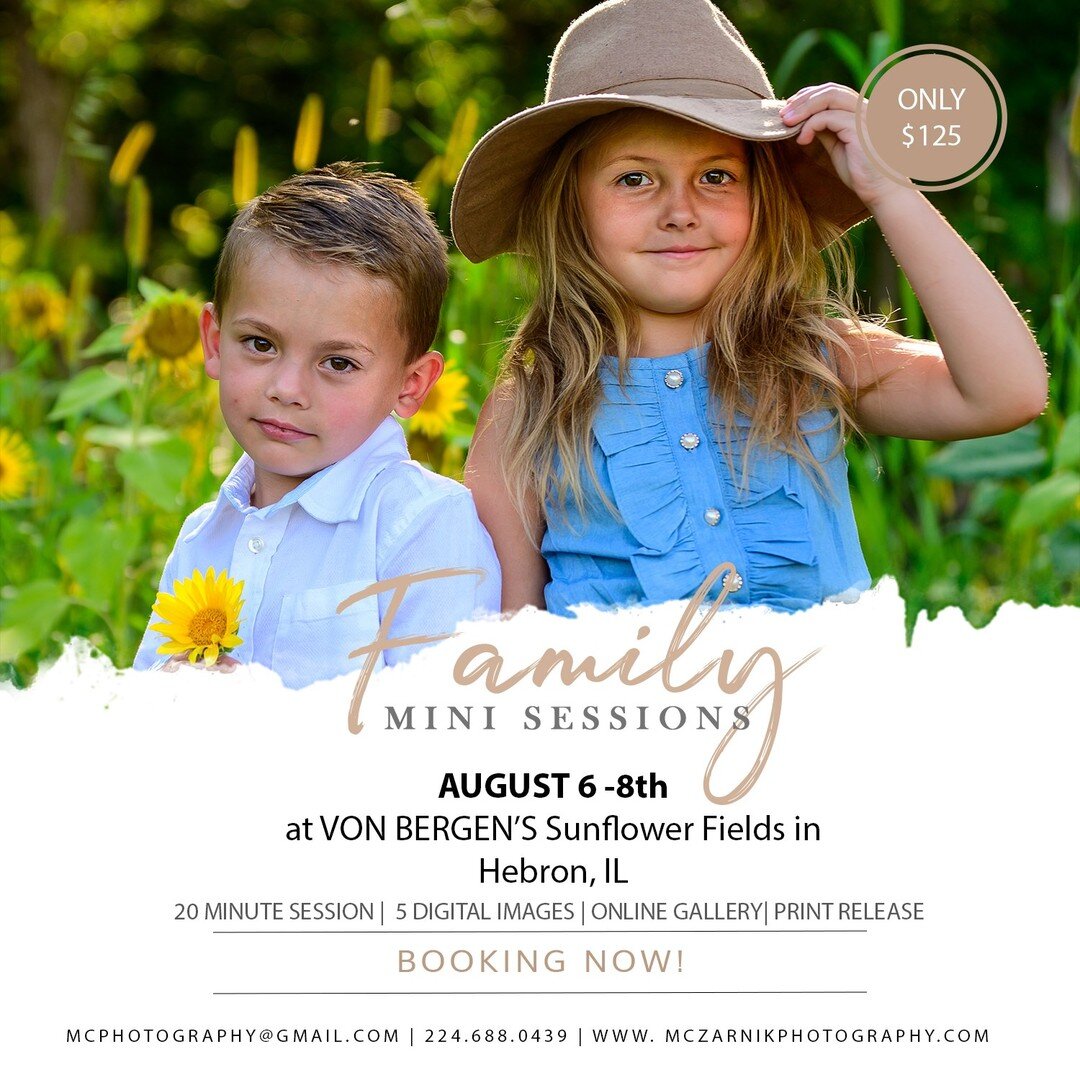 Sunflower Mini Sessions are Back!!! 

Last year was such a bust but this year we are back and photographing my most favorite time of the year. 

This year I'm at Von Bergen's in Hebron,IL  August 6-8th. 

Sign up with this link for the available slot