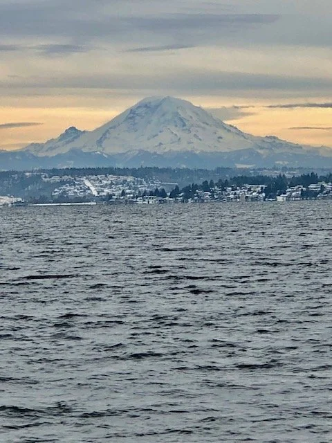 Snow-covered mountain over a body of water with a town at its base during cloudy weather.