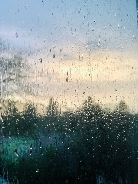 Rain droplets on a window with a blurry background of trees and a partly cloudy sky.