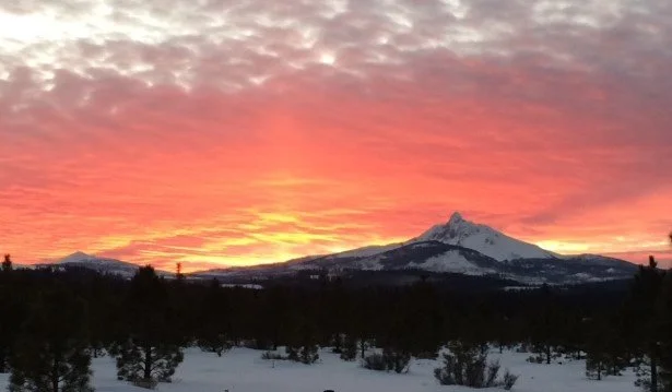 Snow-covered landscape with trees and a mountain during a colorful sunset sky.