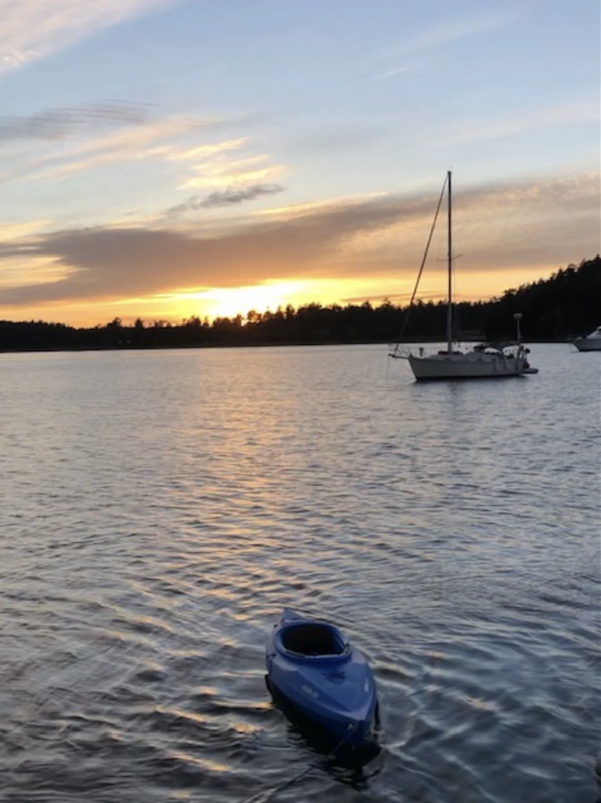 A small boat floats on calm water at sunset, with sailboats and a tree-lined shoreline in the background.