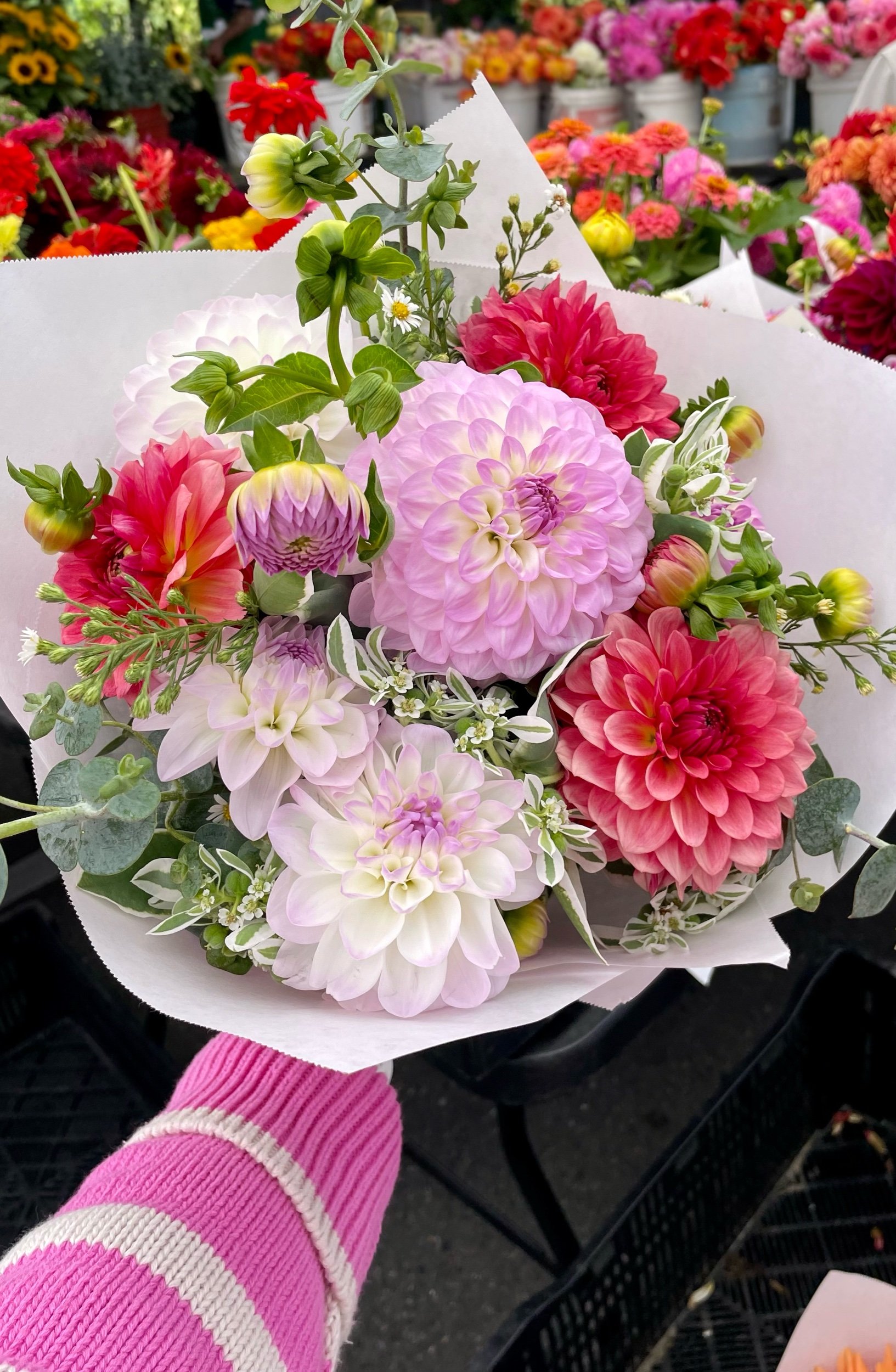 A person holding a bouquet of colorful flowers, including pink and white dahlias, red and orange dahlias, and small white flowers, in a grocery store or florist shop with more flowers in the background.