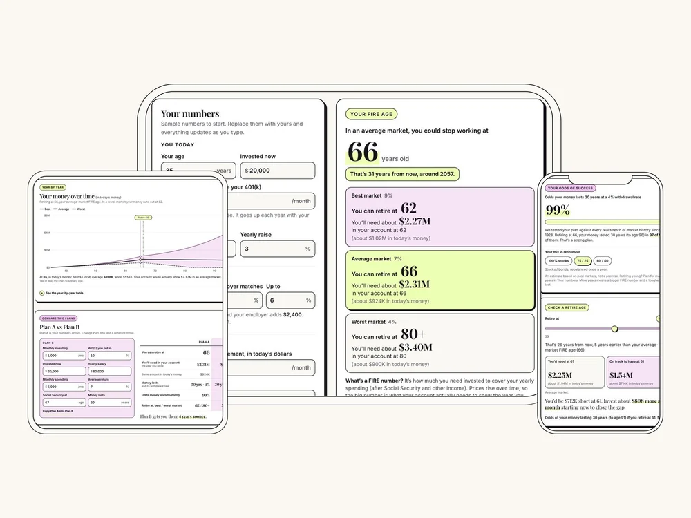 The FIRE Calculator shown on a laptop, tablet and phone