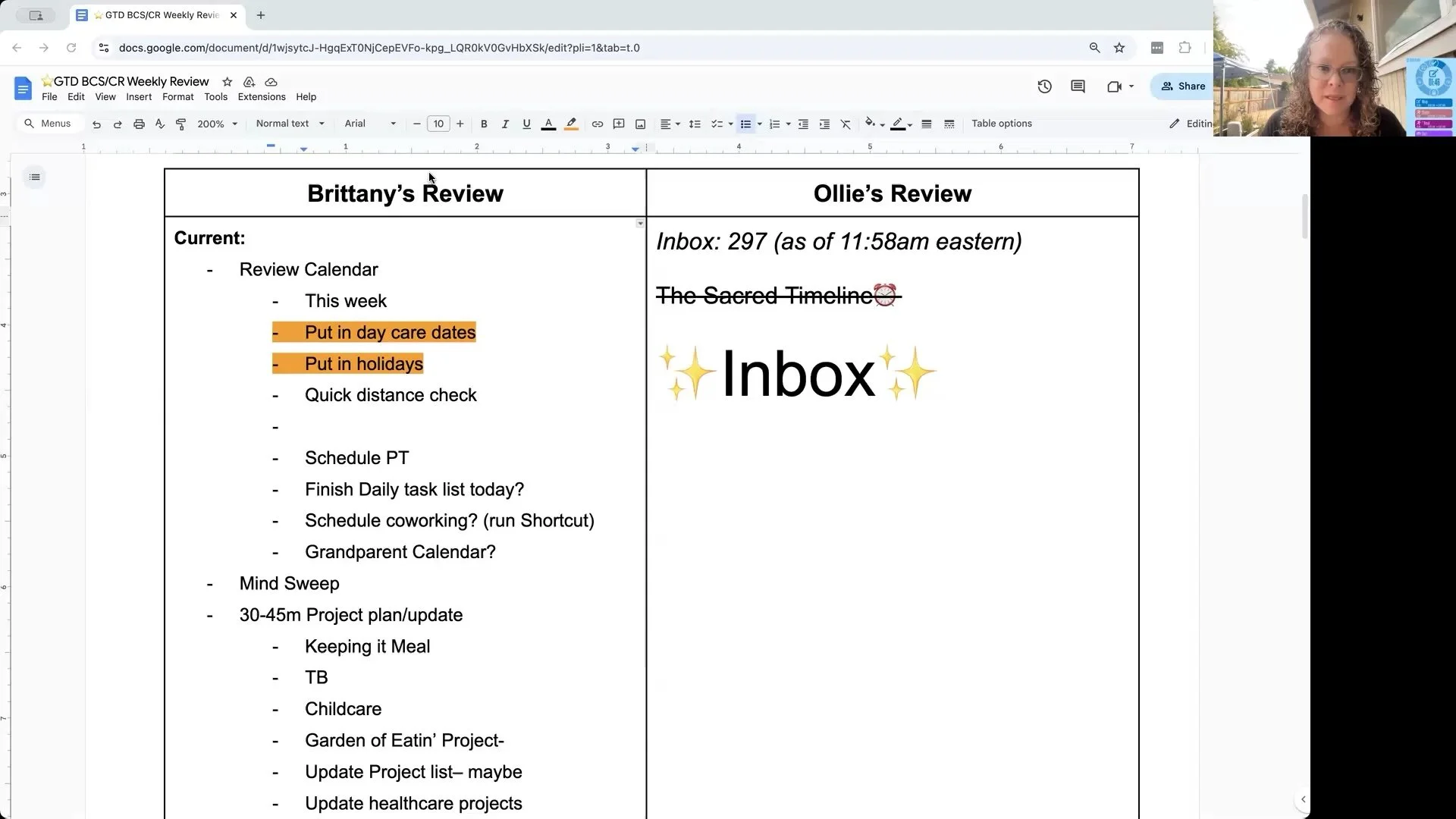 A screenshot from our most recent ADHD Weekly Review Livestream. A document says what Brittany Smith and Ollie Rutledge are working on, and the screen with Britany shows a small Pomodoro-like timer for work and break times.