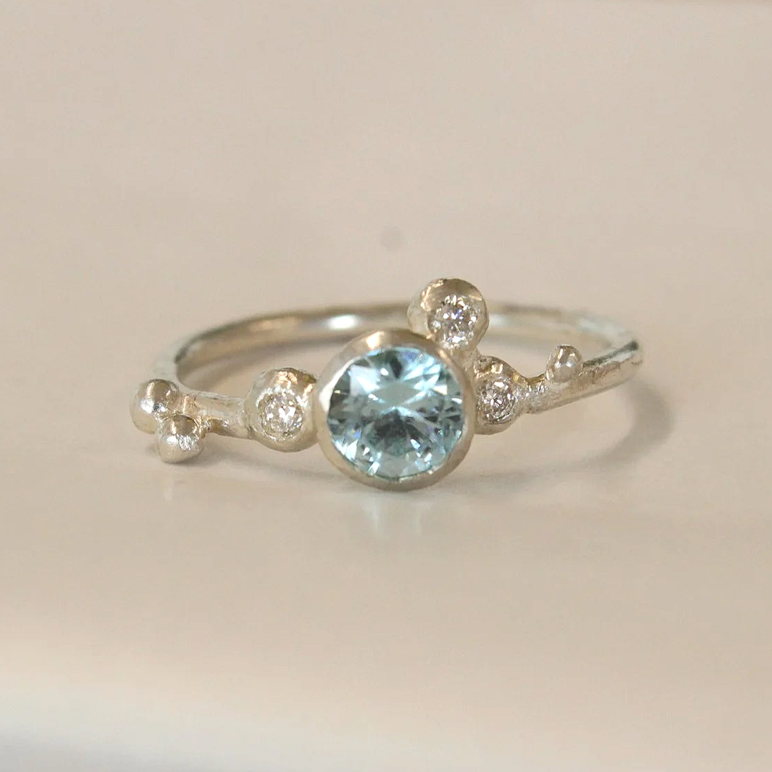 Blue Zircon and Lab Diamond Ring